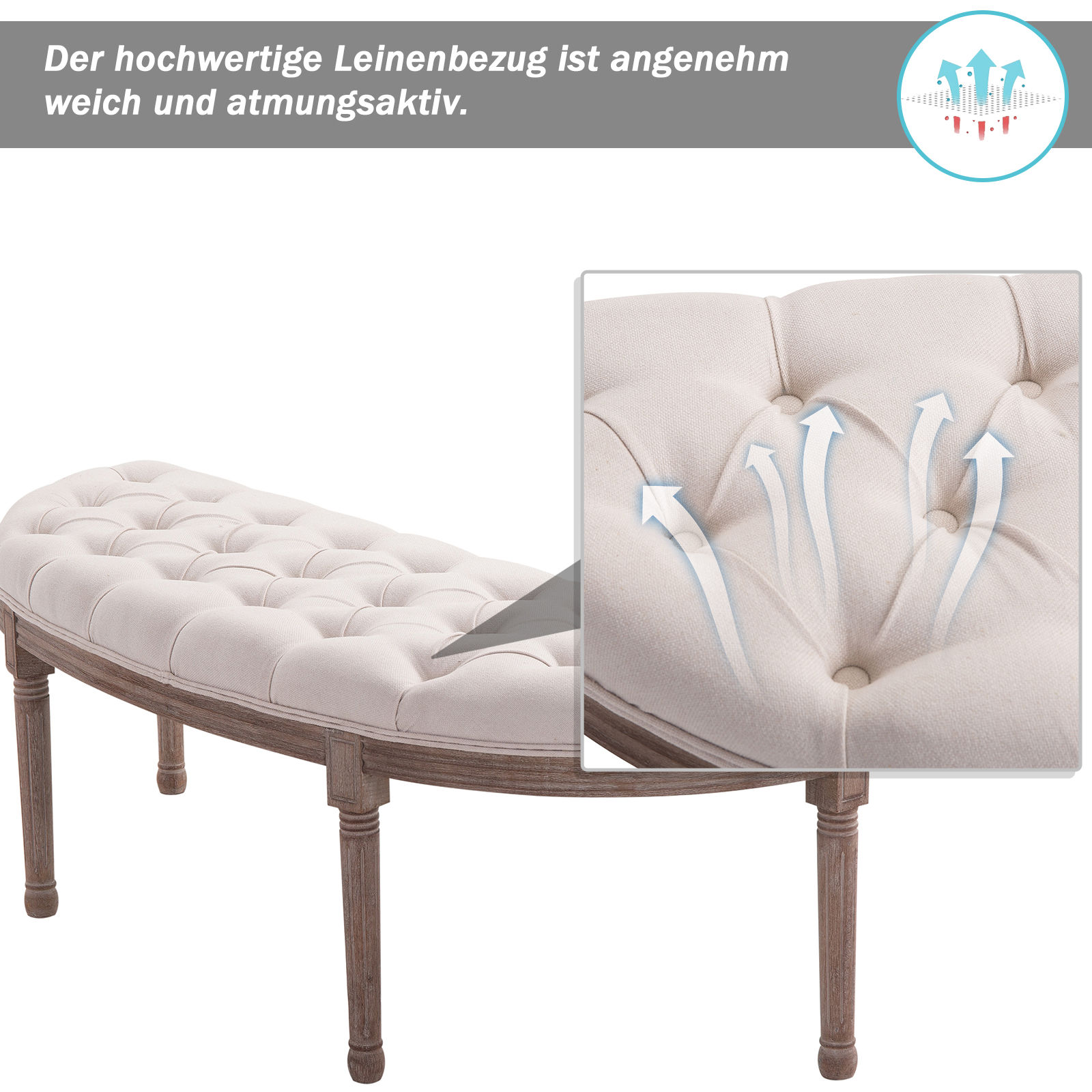Polsterbank Sitzbank Lounge Sitzhocker Vintage Retro mit Knöpfen Sofa Couch Leinen + Holz beige 140,5 x 51 x 48 cm