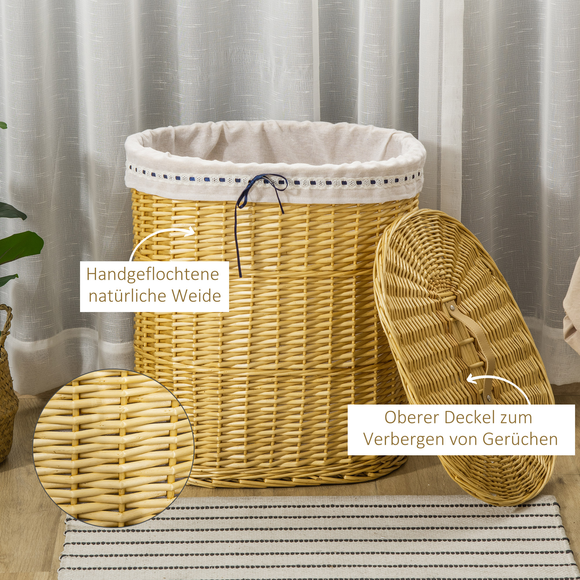 Wäschekorb aus Weide mit Deckel Wäschesammler mit Griff, herausnehmbarer Wäschesack, Laundry Baskets Wäschebox für Badezimmer Waschküche Schlafzimmer Natur