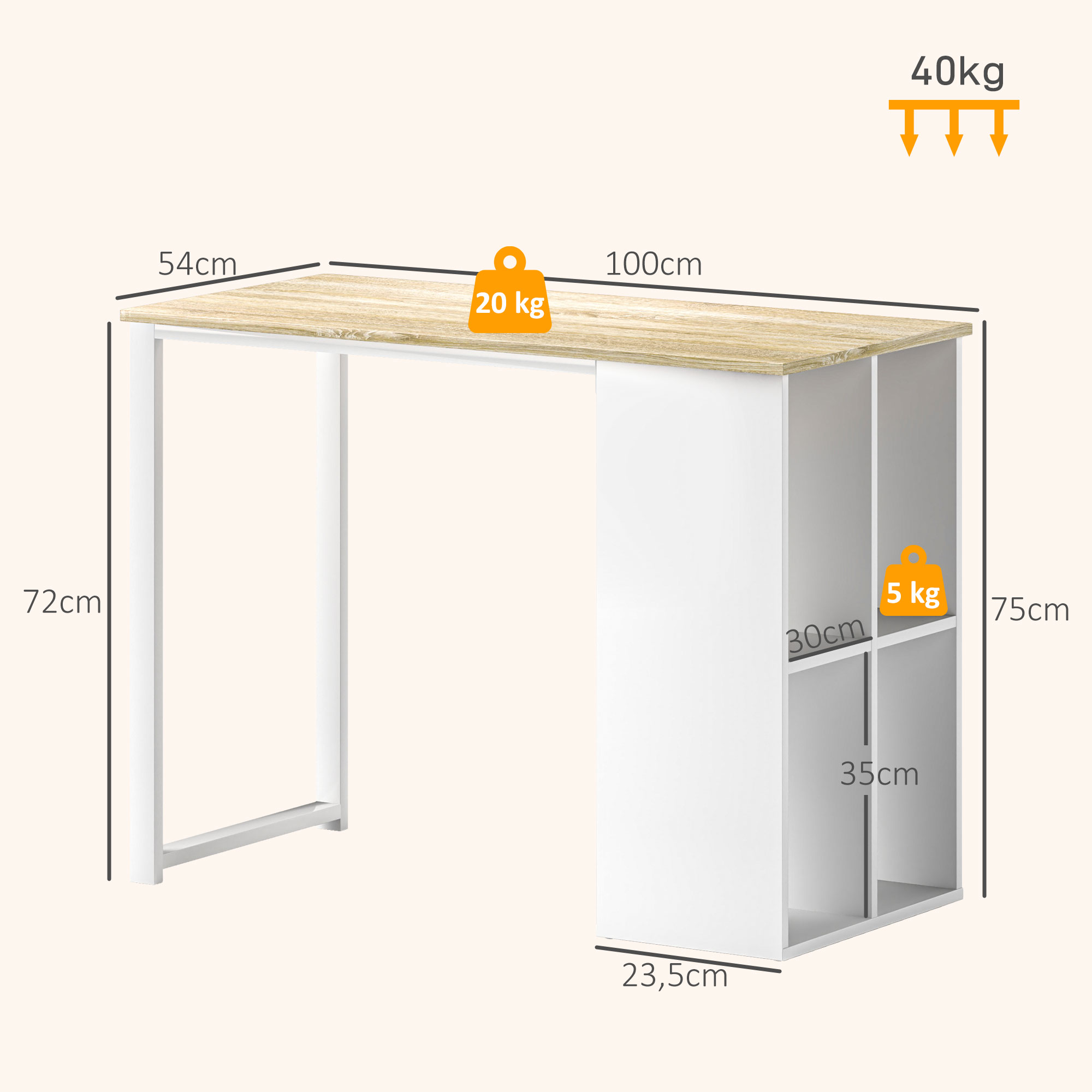 Kompakter Computertisch, Moderner Schreibtisch mit Stauraum-Fächern, für kleine Räume, 100 x 54 x 75 cm, Weiß