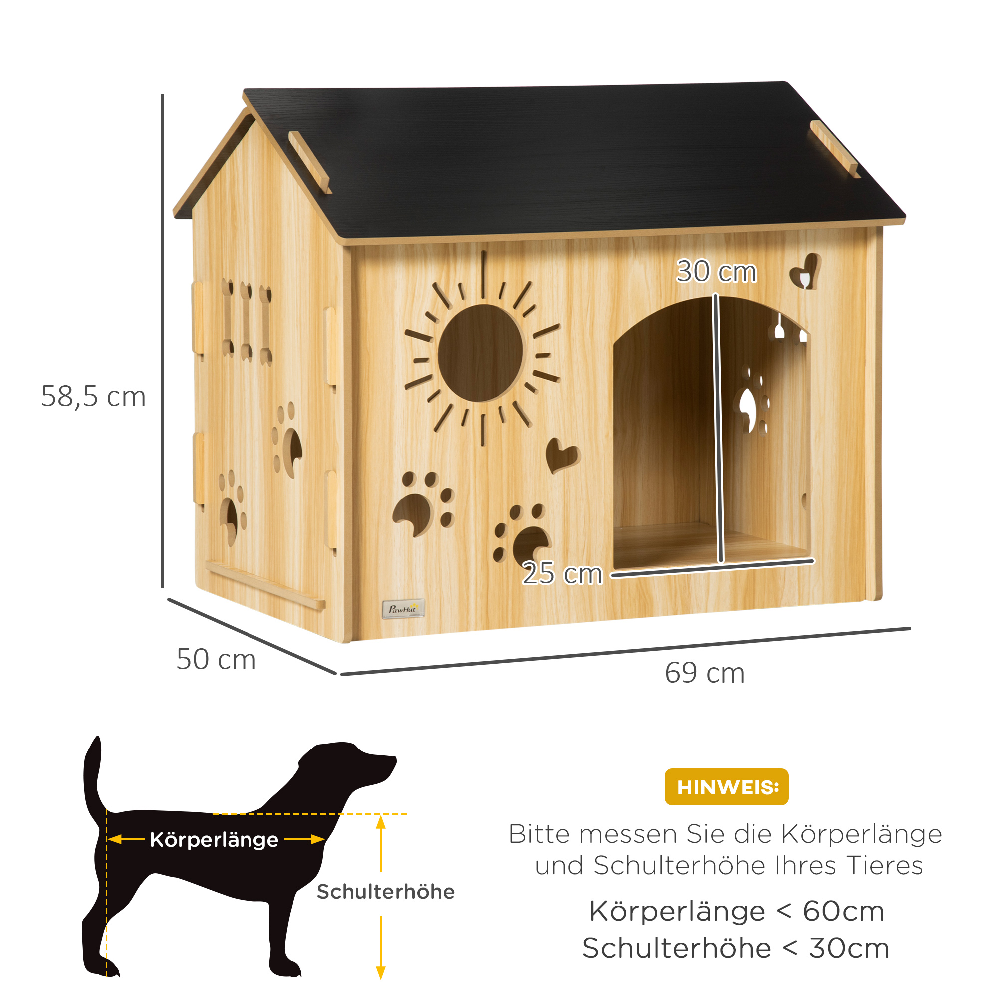 Hundehütte, mit Lüftungsöffnungen, wetterfest, Holzmaterial, Schwarz+Holzfarbe, 69 x 50 x 58,5 cm