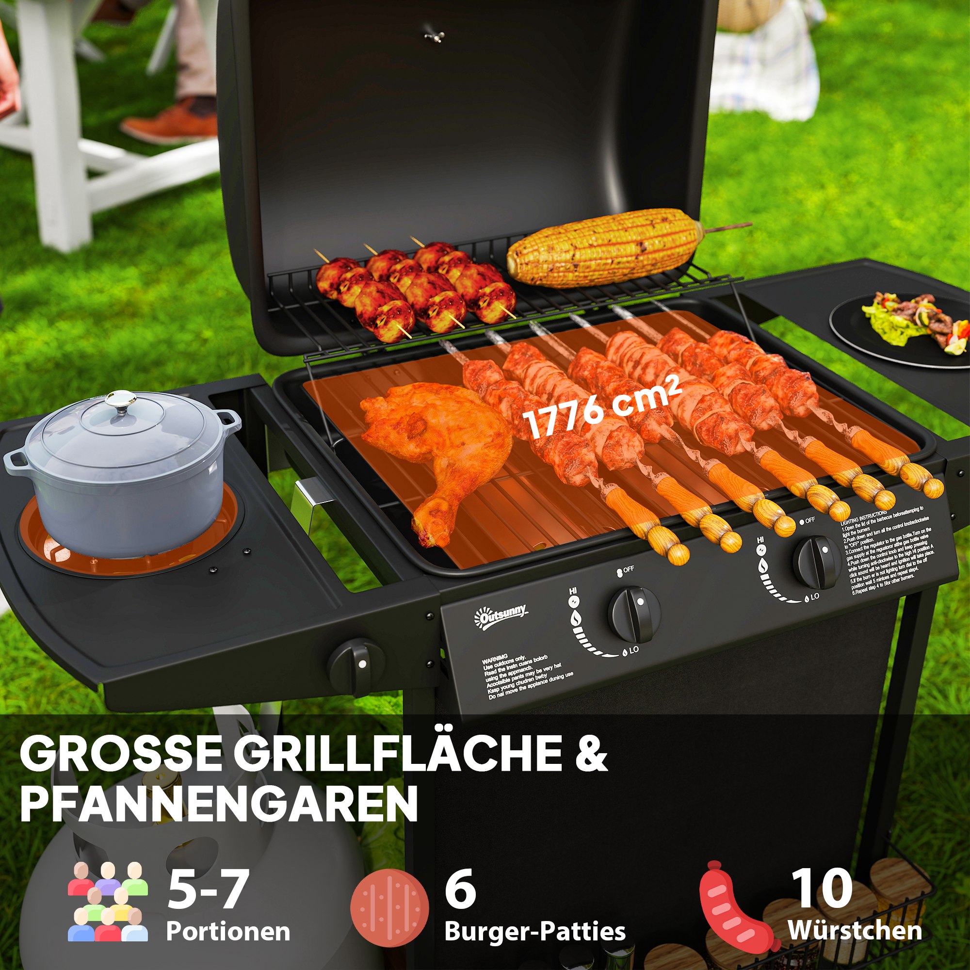 Gasgrill 7 KW Grillwagen inkl 3 Brenner Seitenkocher Rolle Deckel 107 x 54 x 96 cm Schwarz