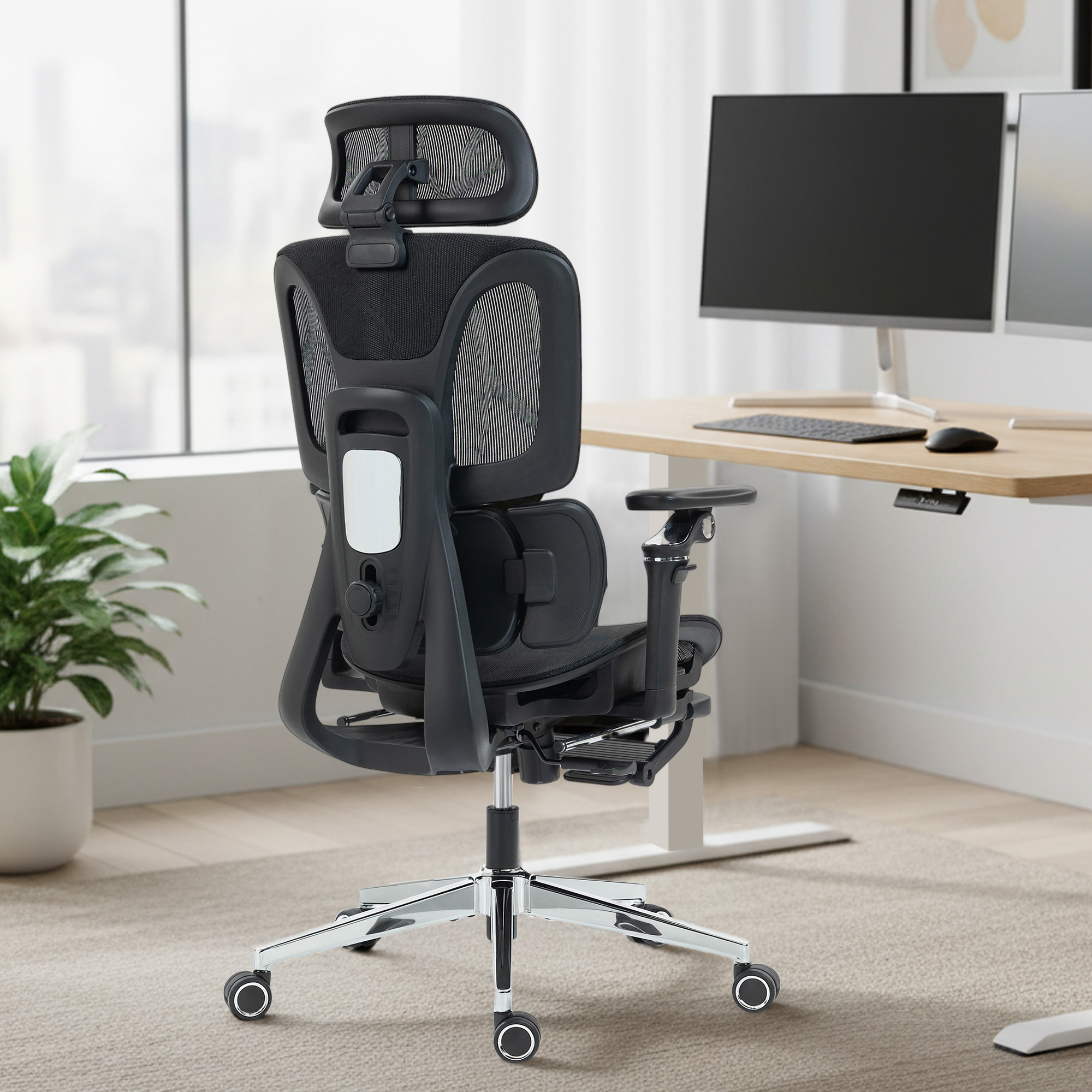 Bürostuhl Ergonomisch Schreibtischstuhl mit verstellbar Lenden- und Kopfstütze 6D-Klapparmlehnen Fußstütze Netz Schwarz