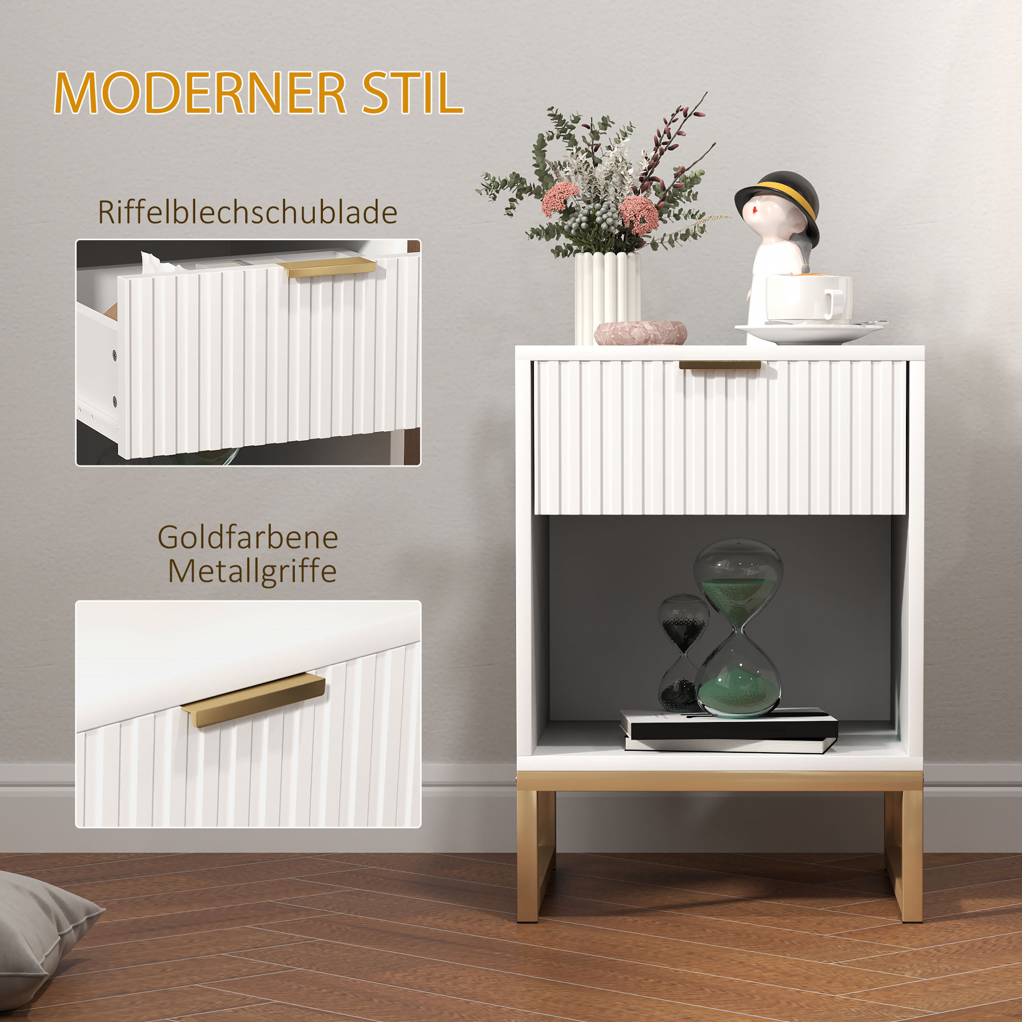 Nachttisch mit Schublade und Regal, Stauraum und Metallbeinen, für Schlafzimmer, Wohnzimmer, Weiß