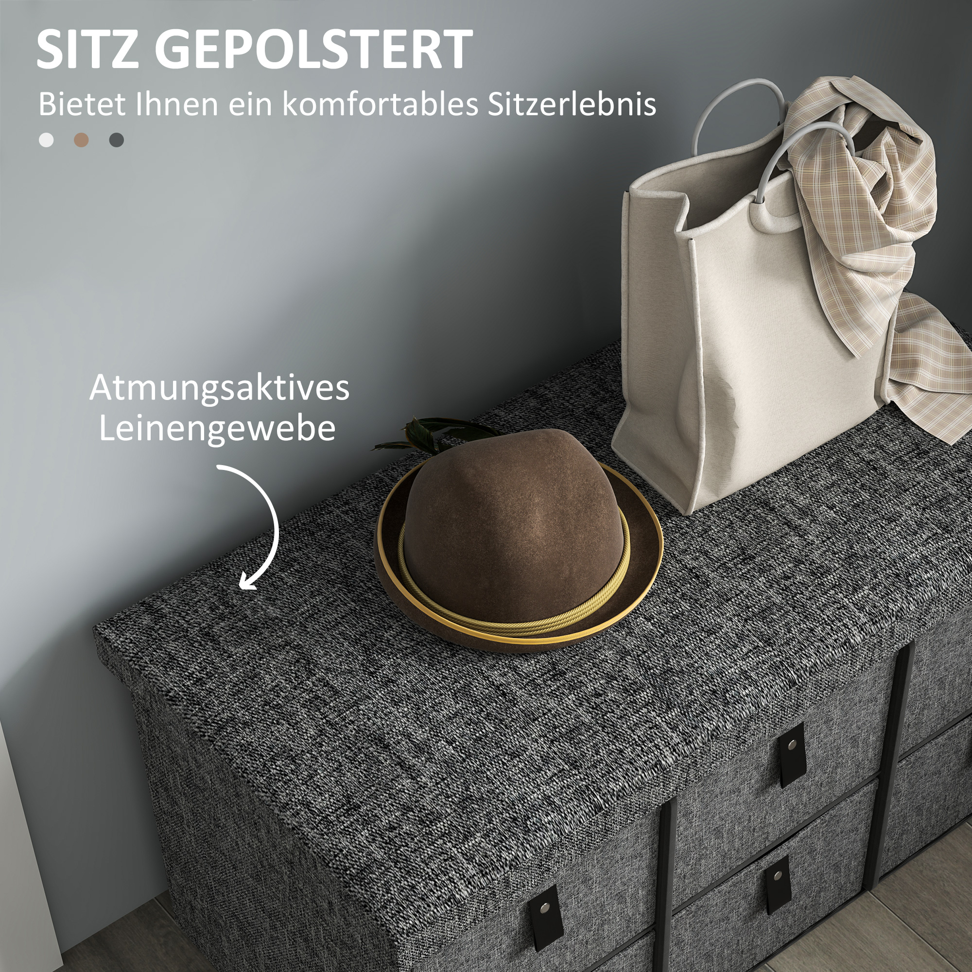 Gepolsterte Schuhbank, 6 Schuhfächer, MDF-Rahmen, Leinenoptik, Grau