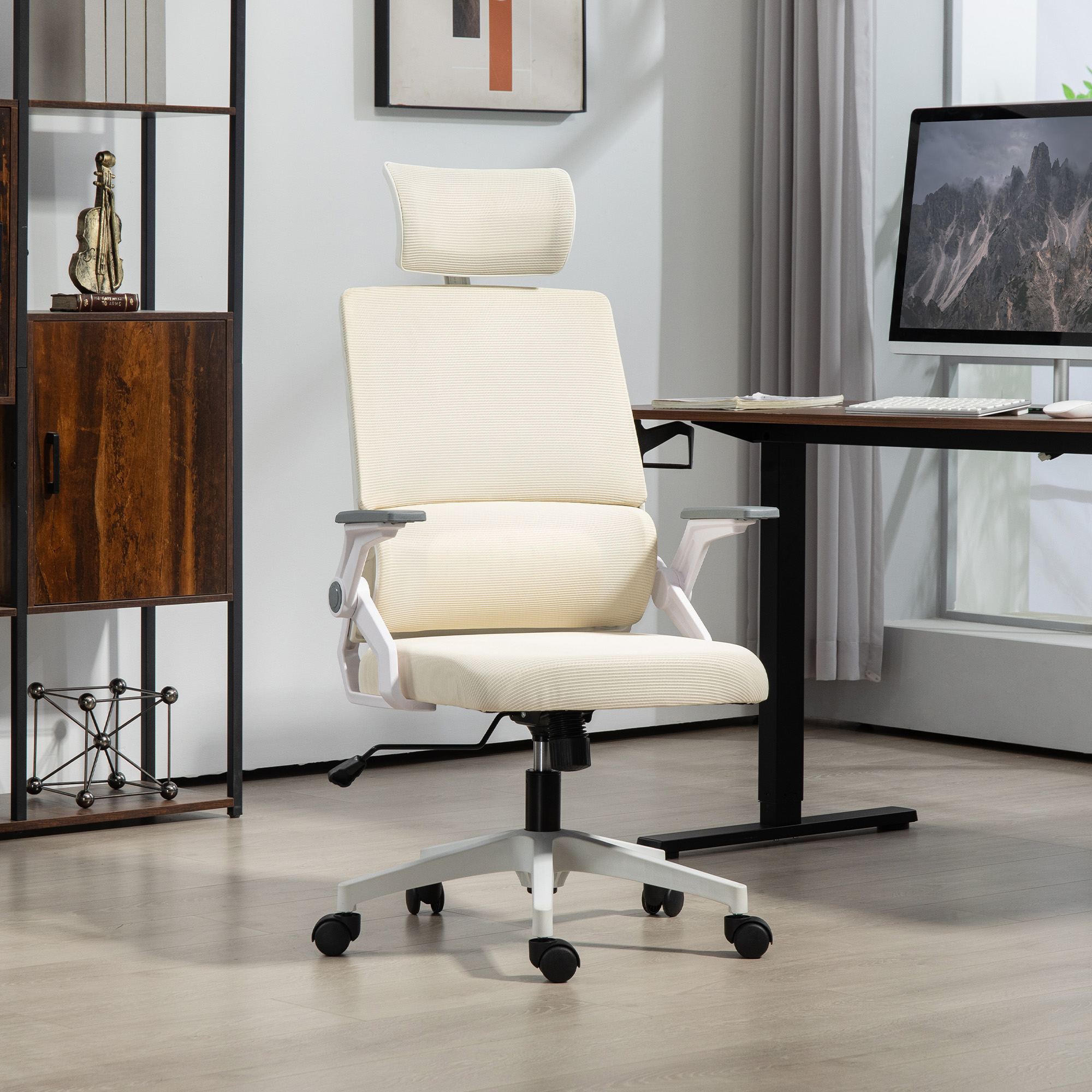 Bürostuhl Schreibtischstuhl Office-Stuhl, höhenverstellbar, 1 Kopfstütze, 60 x 61 x 121,5 cm Beige