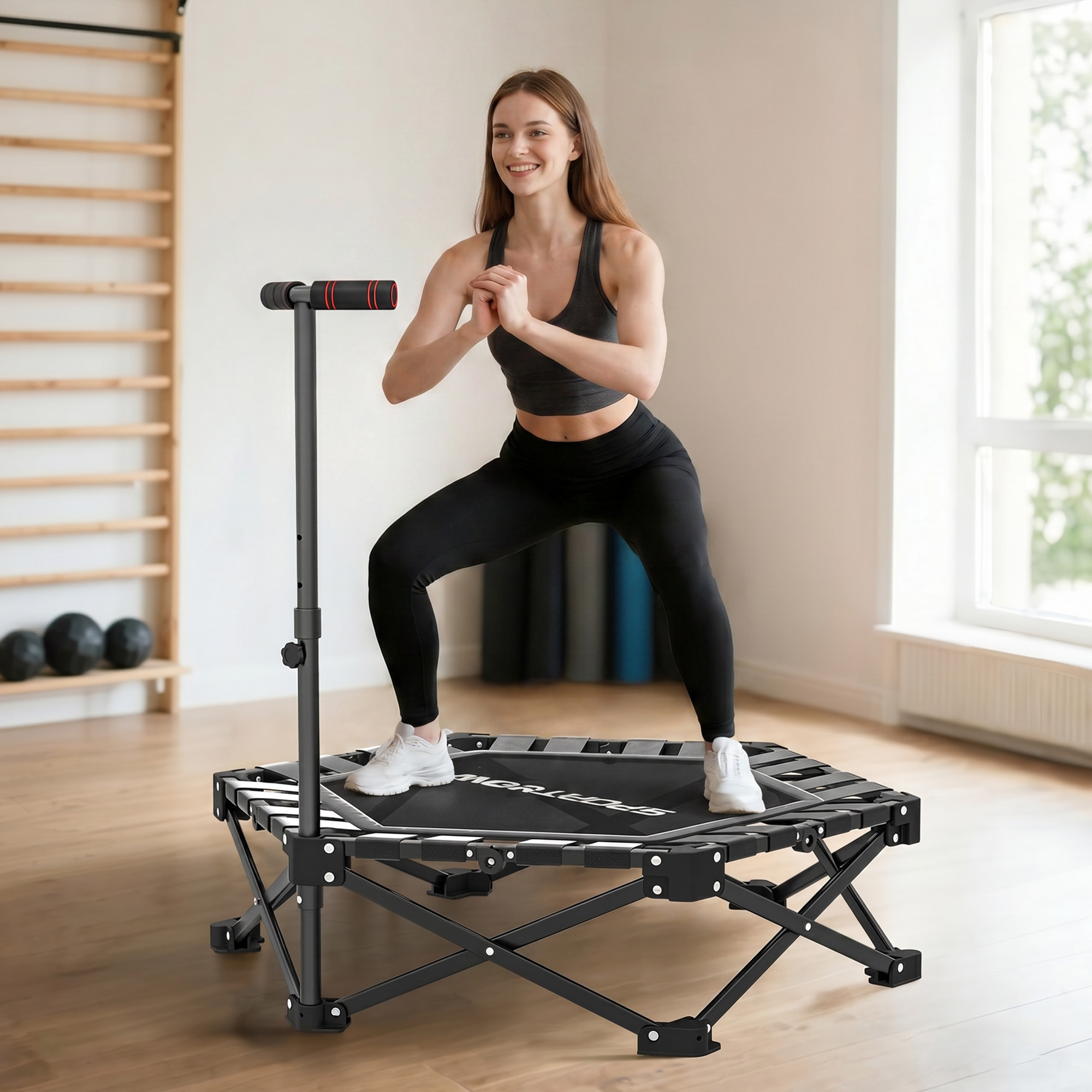 Fitness-Trampolin mit verstellbarem T-Griff, faltbar, Tragetasche, 120 kg Belastbarkeit, Stahl, Kunststoff, Schwarz