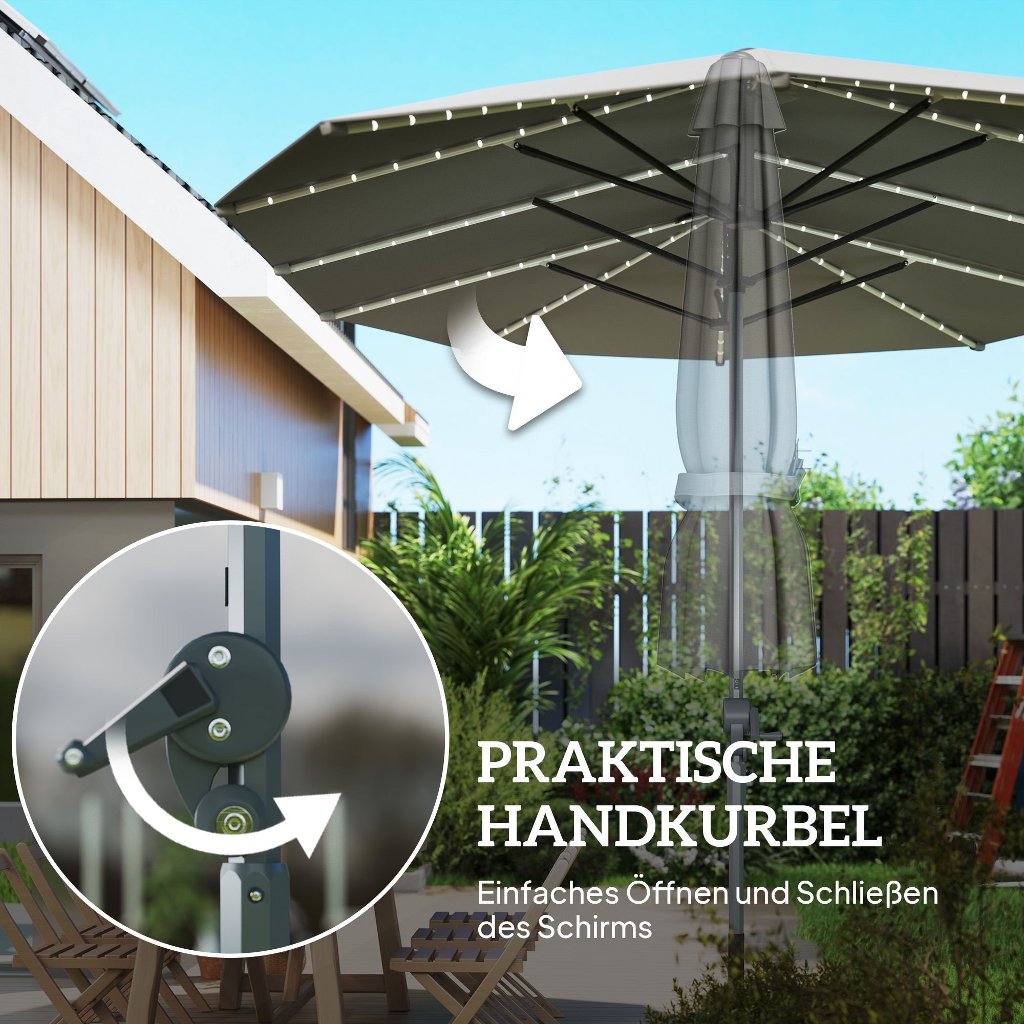 Doppelschirm mit Solar-Lichtern, Aluminium, Polyester, UPF50+ Schutz, UV-beständig, Terrassenschirm, Dunkelgrau