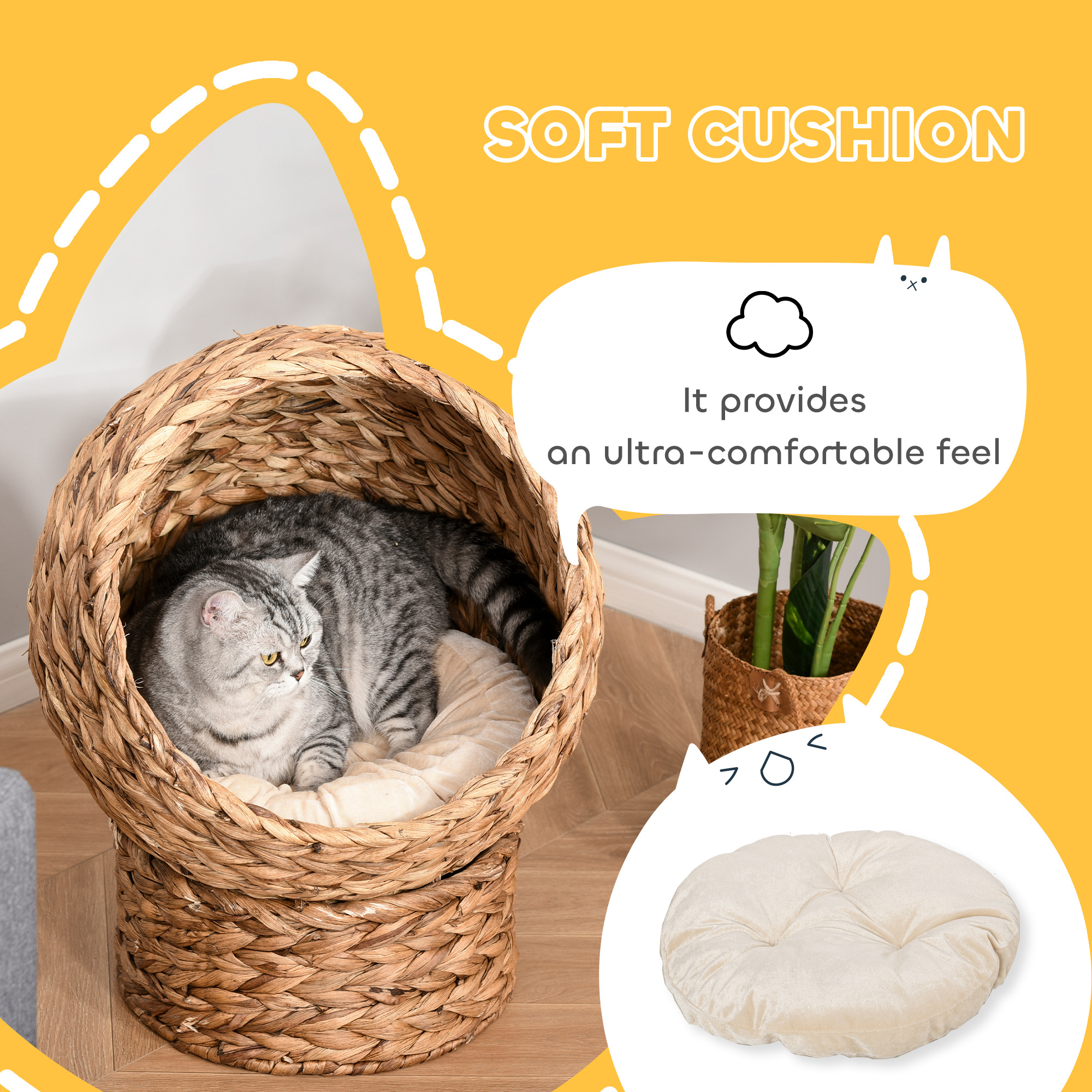 Rattan Katzenkorb Katzenhöhle Katzenhütte Katzenbett mit Kissen Haustierbett Wasserhyazinthe Braun 50 x 42 x 60 cm