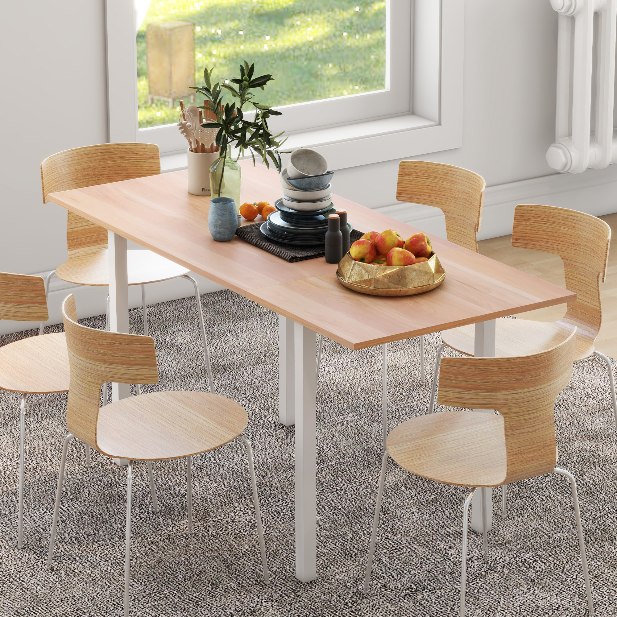 Esstisch für 6 Personen, Küchentisch, Erweiterbar, Küchentisch, Braun + Weiß