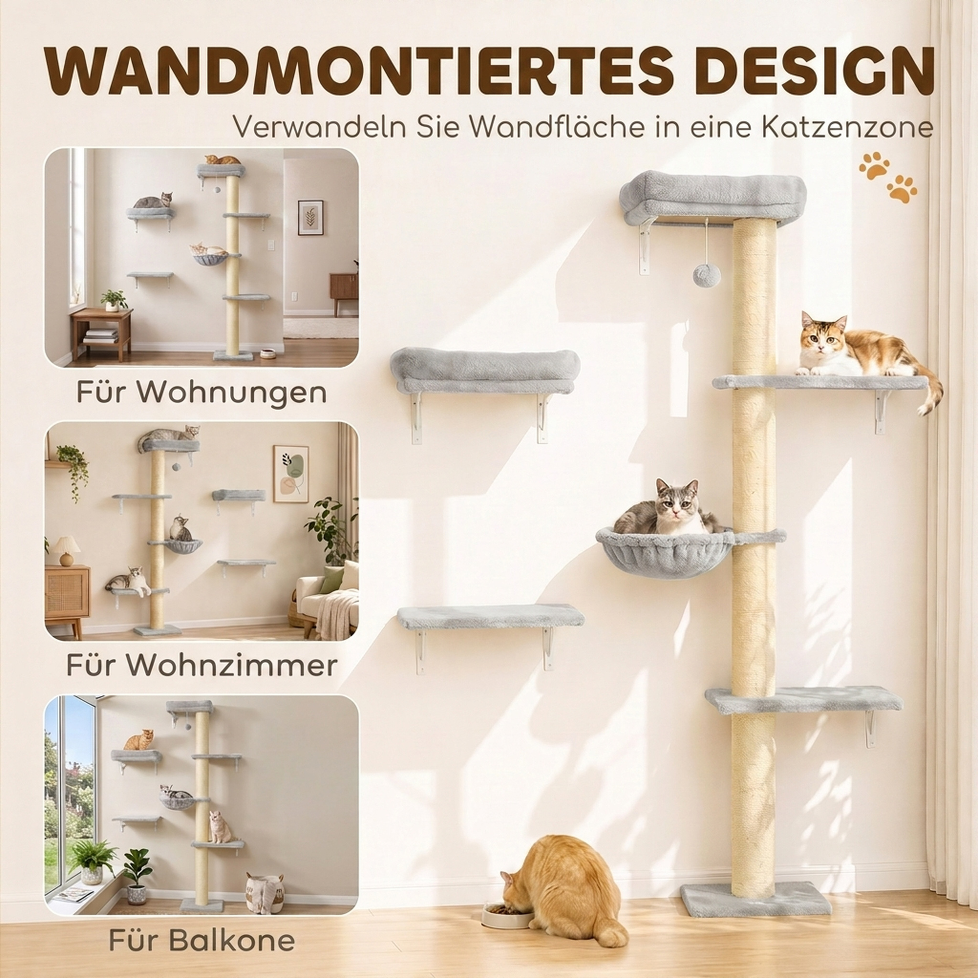 Kletterwand Katzen, 3-teilig Katzenkletterwand Set, Katzen Wandelemente mit Kratzbaum, Plattformen Hängematte
