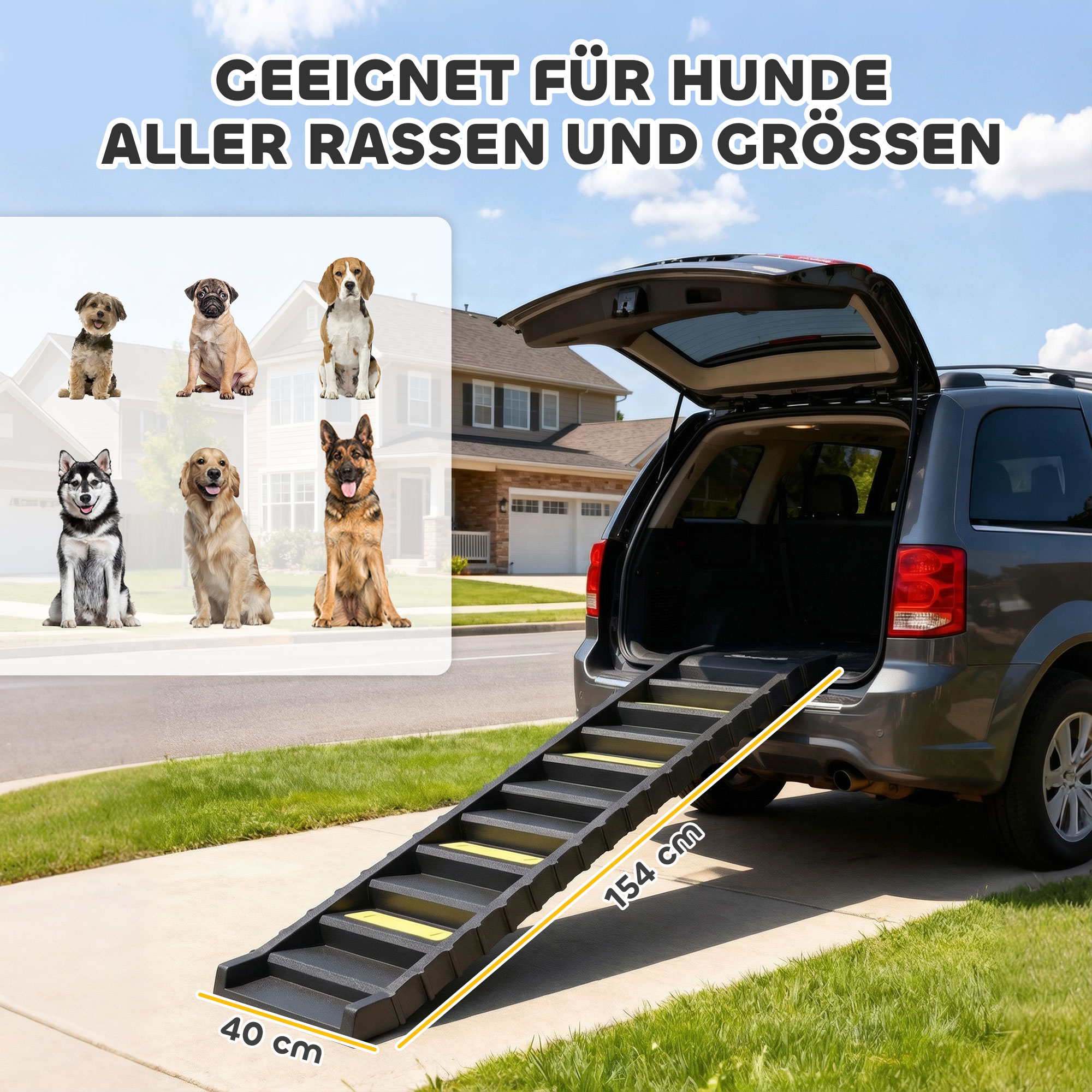 Hunderampe klappbar Hundetreppe Auto & SUV rutschfest Hundeautorampe für Große Tiere bis 25 kg 154x40cm Schwarz