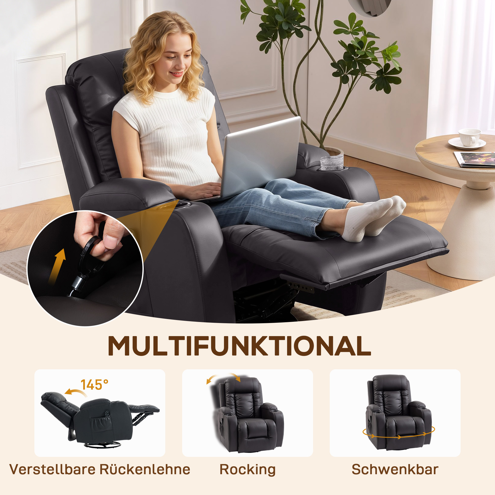 Massagesessel mit Wipp-, Liege- & Wärmefunktion, 3 Modi, drehbar, Dunkelbraun