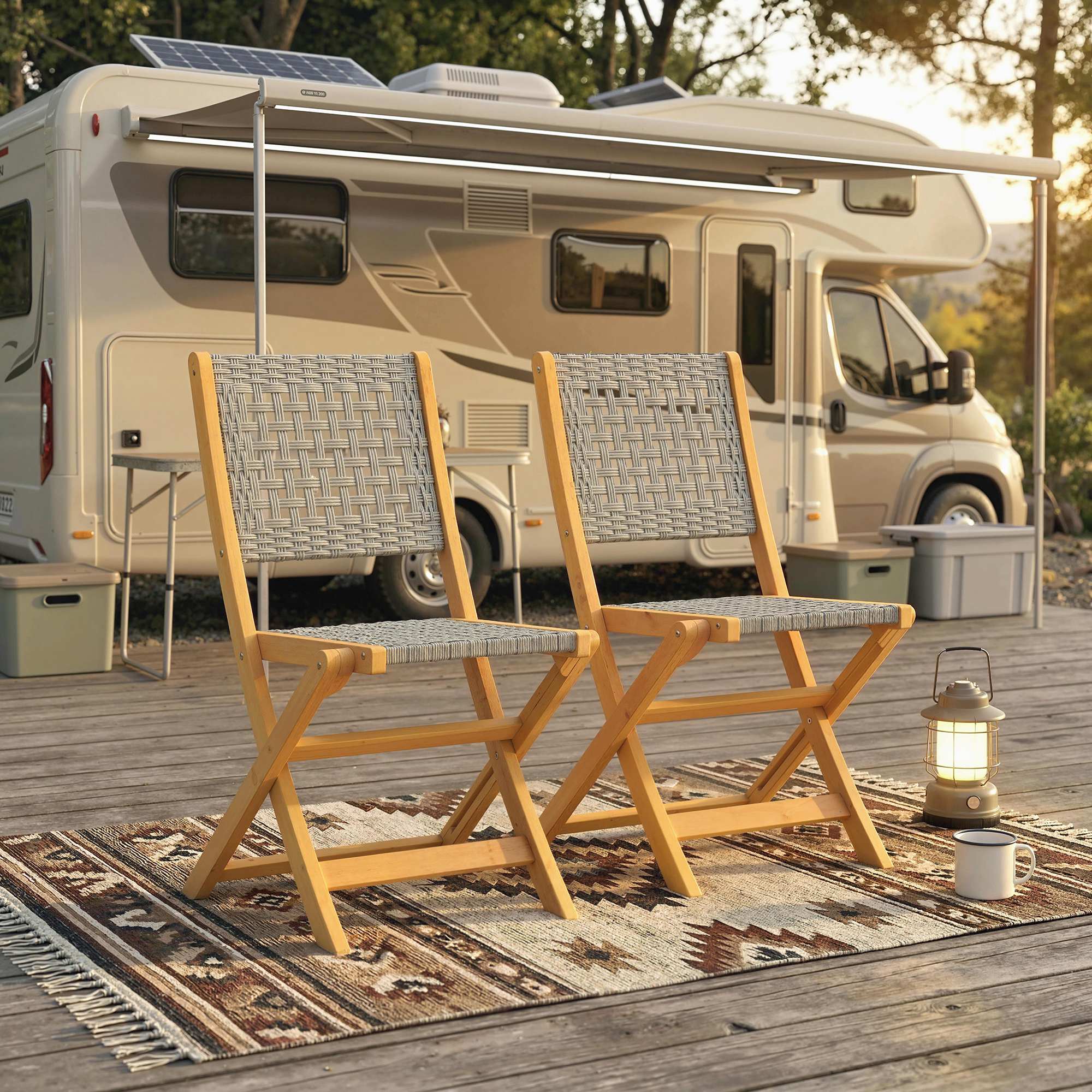 Gartenstühle 2 Stück FSC Klappstuhl mit Atmungsaktiv Sitz angenehme Sitzhöhe aus Massivholz & Polyrattan