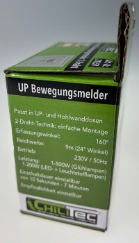 Unterputz PIR-Bewegungsmelder 160°, LED geeignet, 2-Draht Technik, weiß