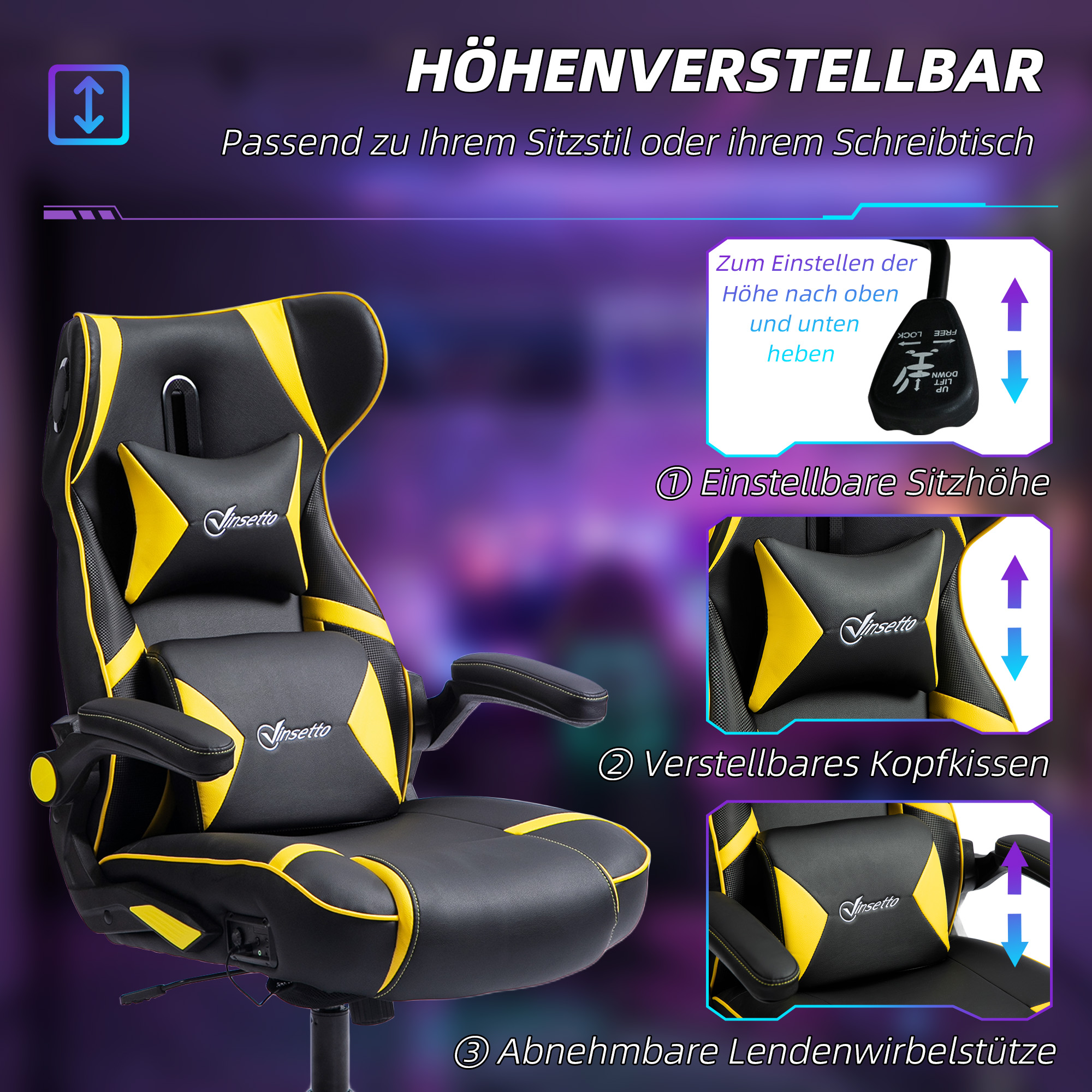 Gaming Stuhl mit Schaukelfunktion und Lautsprecher, Lenden- und Nackenstütze, für Spielzimmer, Kunstleder, Gelb+Schwarz