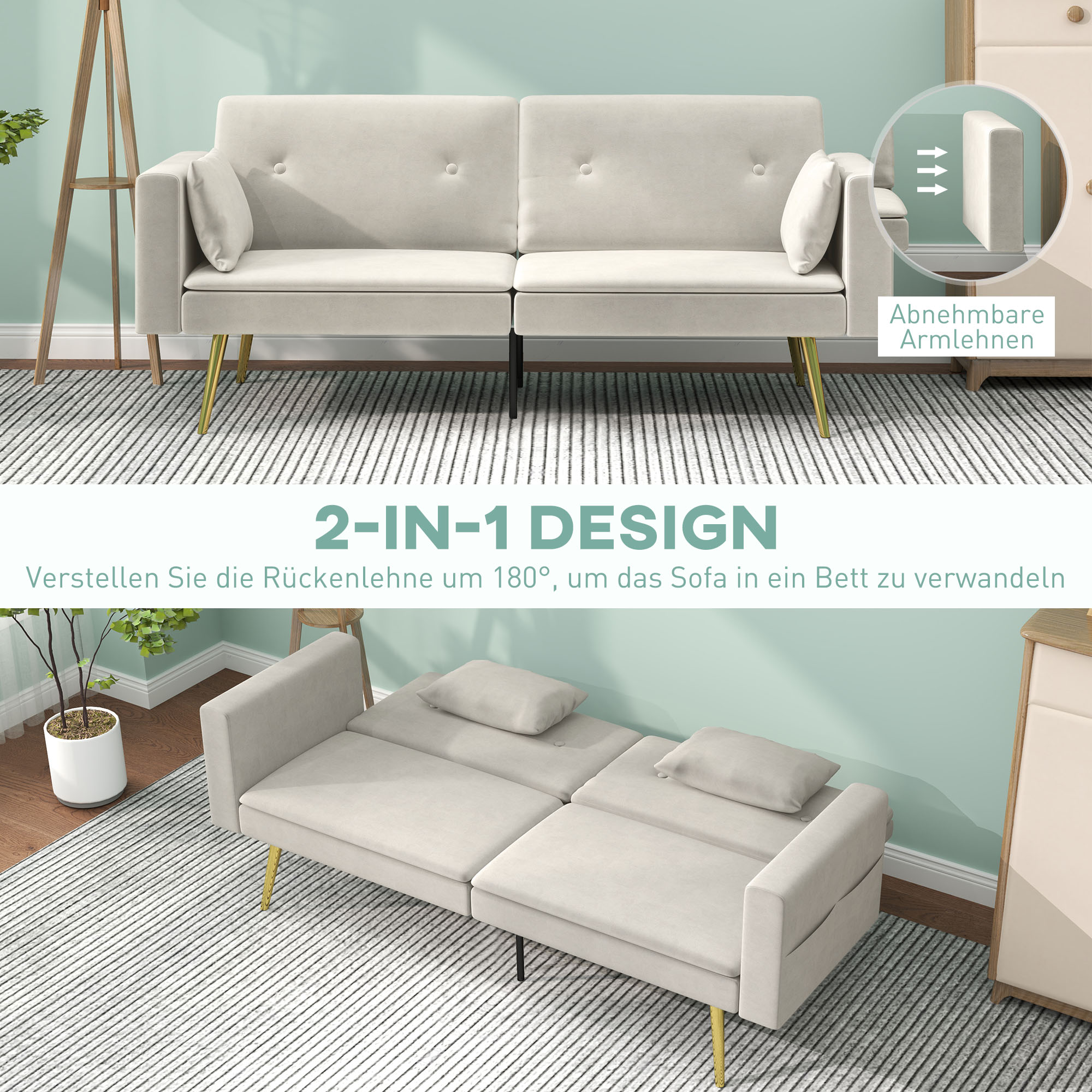 2-Sitzer Bettsofa, Verstellbare Rückenlehne, weiche Kissen, samtartiger Bezug, für Wohnzimmer, Gästezimmer, Beige