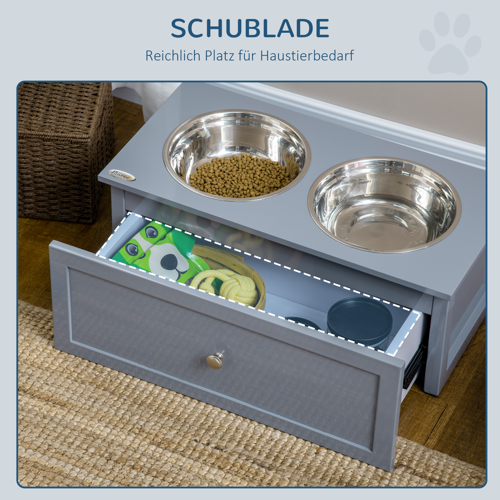 Futterstation, 2 Fressnäpfe je 2 Liter, Edelstahl, mit Schublade, für mittlere Hunde, grau, 60 x 30 x 24cm
