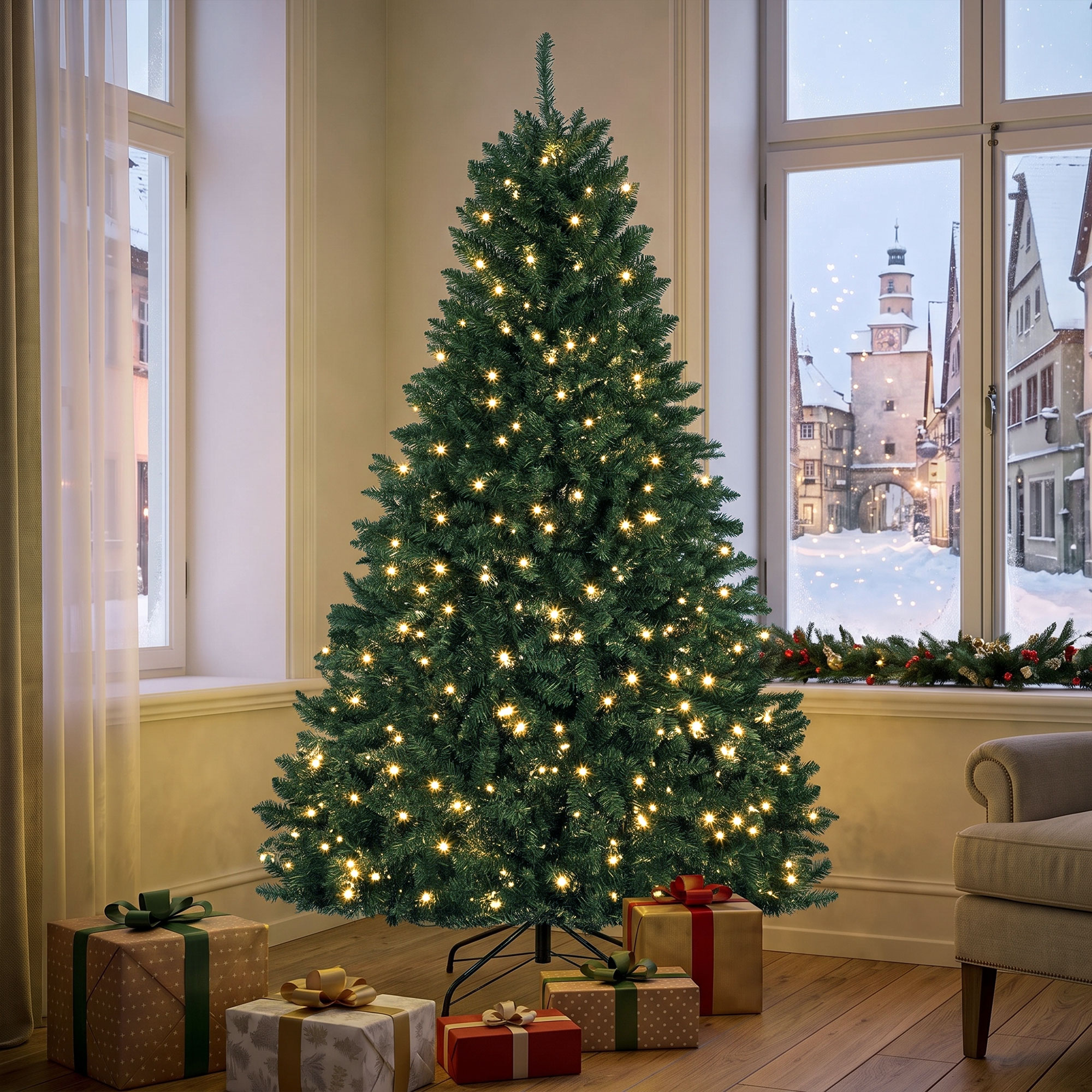 Weihnachtsbaum, 550 warmweiße LEDs, 1494 Zweige, flammhemmend, Kunststoff/Metall, 180 x 112 cm, Grün