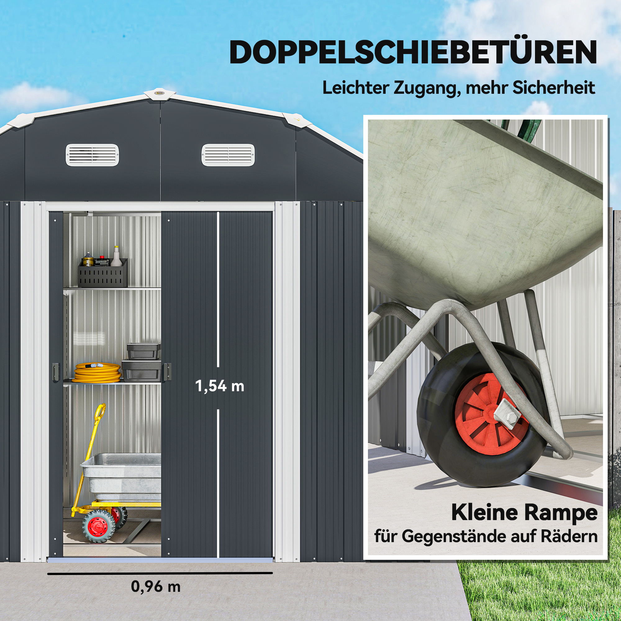 Gartenhaus Geräteschuppen Gartenschuppen, wetterbeständig, 2 Fenster, 2 Türen, 238 x 132 x 198,5 cm, Dunkelgrau