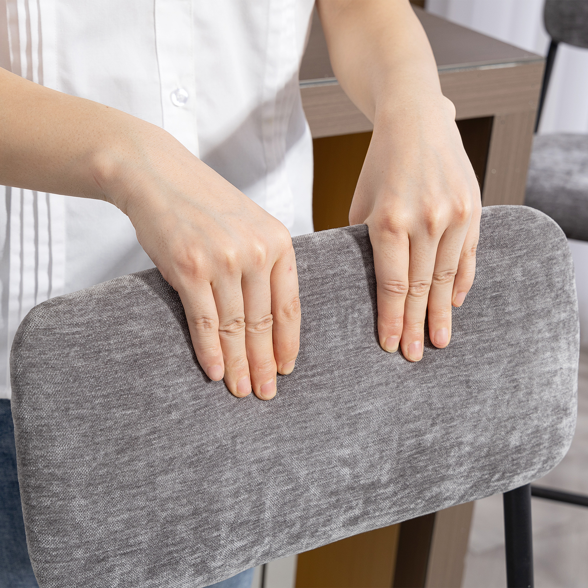 2er-Set Barstühle, gepolsterte Hochstühle für Küchentheke, Hausbar, Rückenlehne, Fußstütze, Stoffbezug, Stahl, Grau