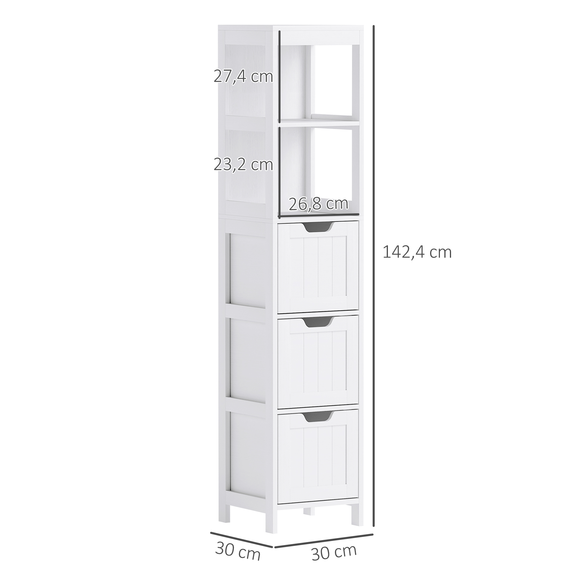 Badezimmerschrank, 2 Regale, 3 Schubladen, wasserabweisendes Material, Weiß