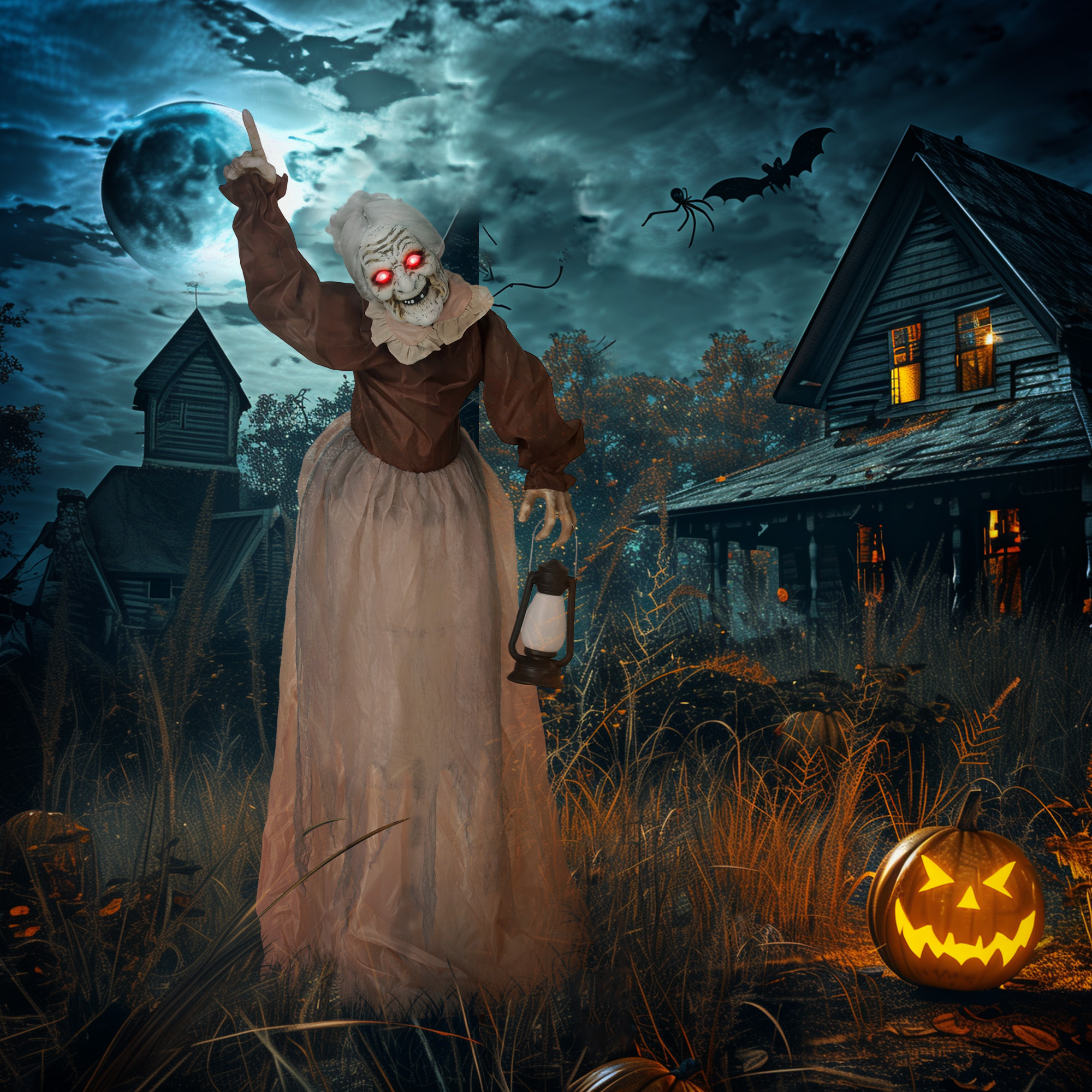 150 cm Halloween Dekoration Halloween Hexe mit LED-Lichter, Soundfunktion verstellbare Arme, Kopf