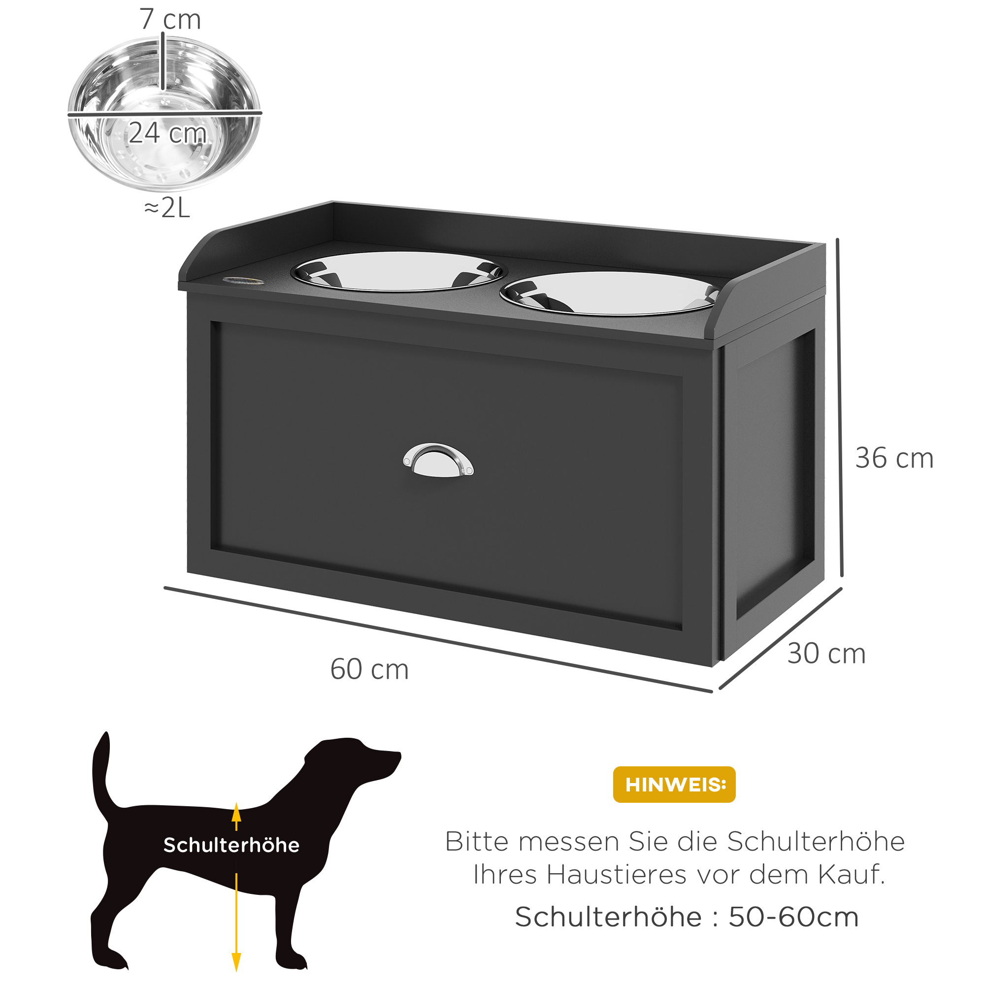 Futterstation, 2 Fressnäpfe je 2 Liter, Edelstahl, mit Schublade, für große Hunde, schwarz+silber, 60 x 30 x 36 cm