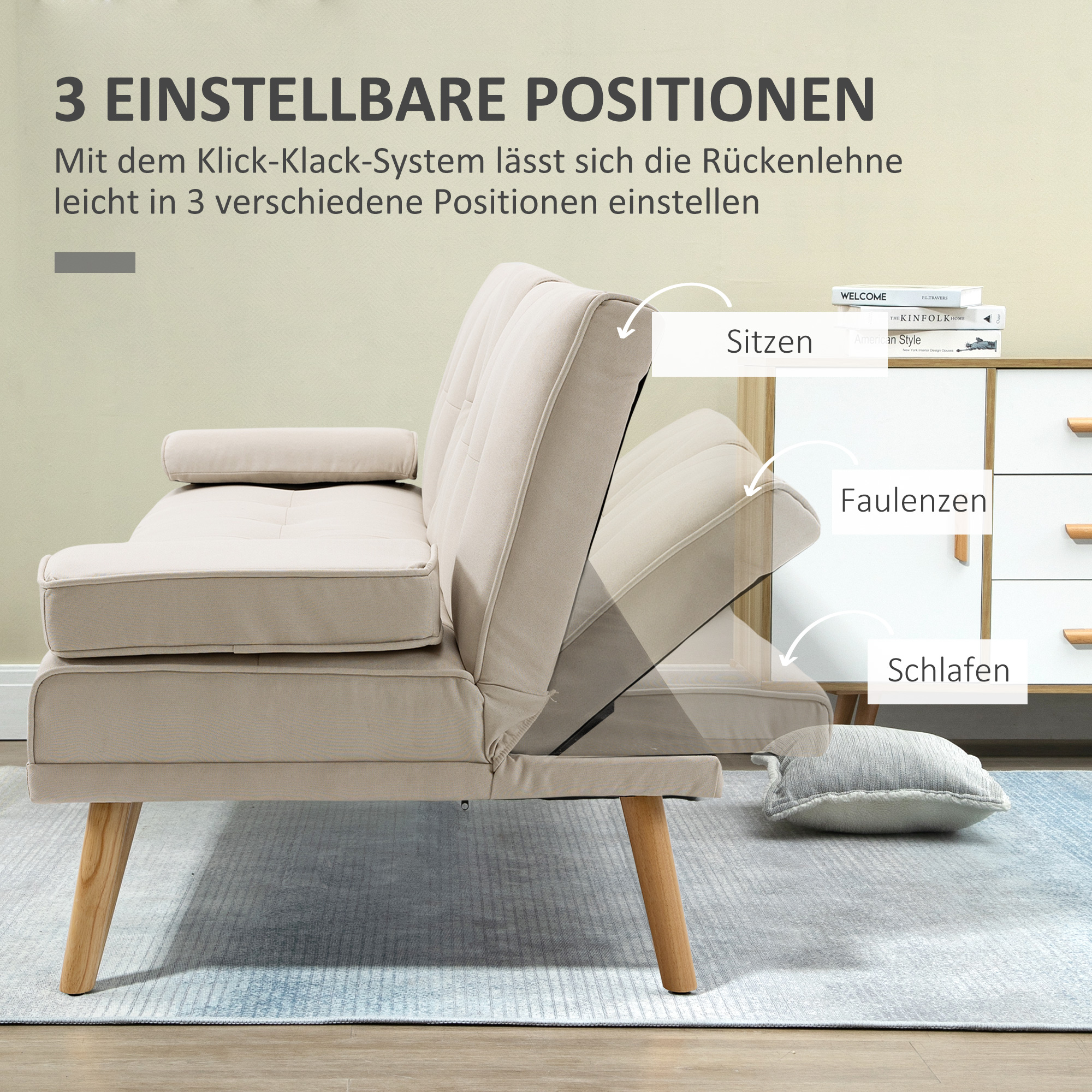 Schlafsofa 3-Sitzer, neigbare Rückenlehne mit Klapptisch, zwei Armpolster, Leinenoptik, beige, 181 x 77 x 78 cm