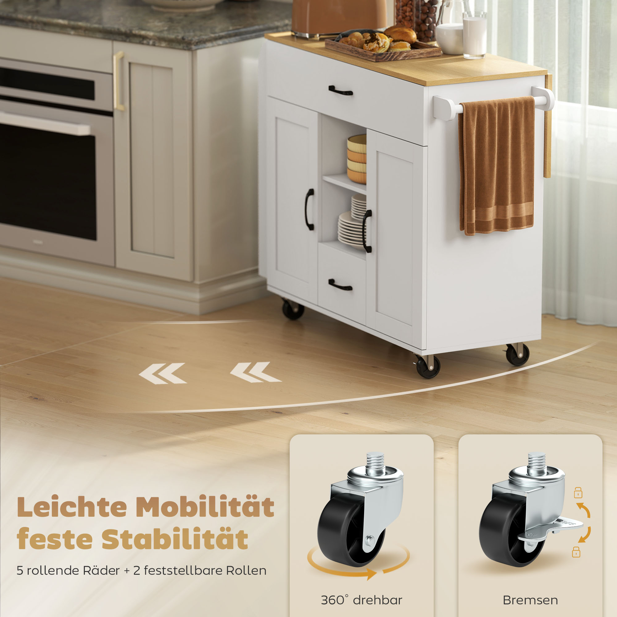 Rollbare Kücheninsel, ausklappbare Arbeitsfläche, Soft-Close-Schranktüren, Schubladen, Handtuchhalter, MDF, Weiß