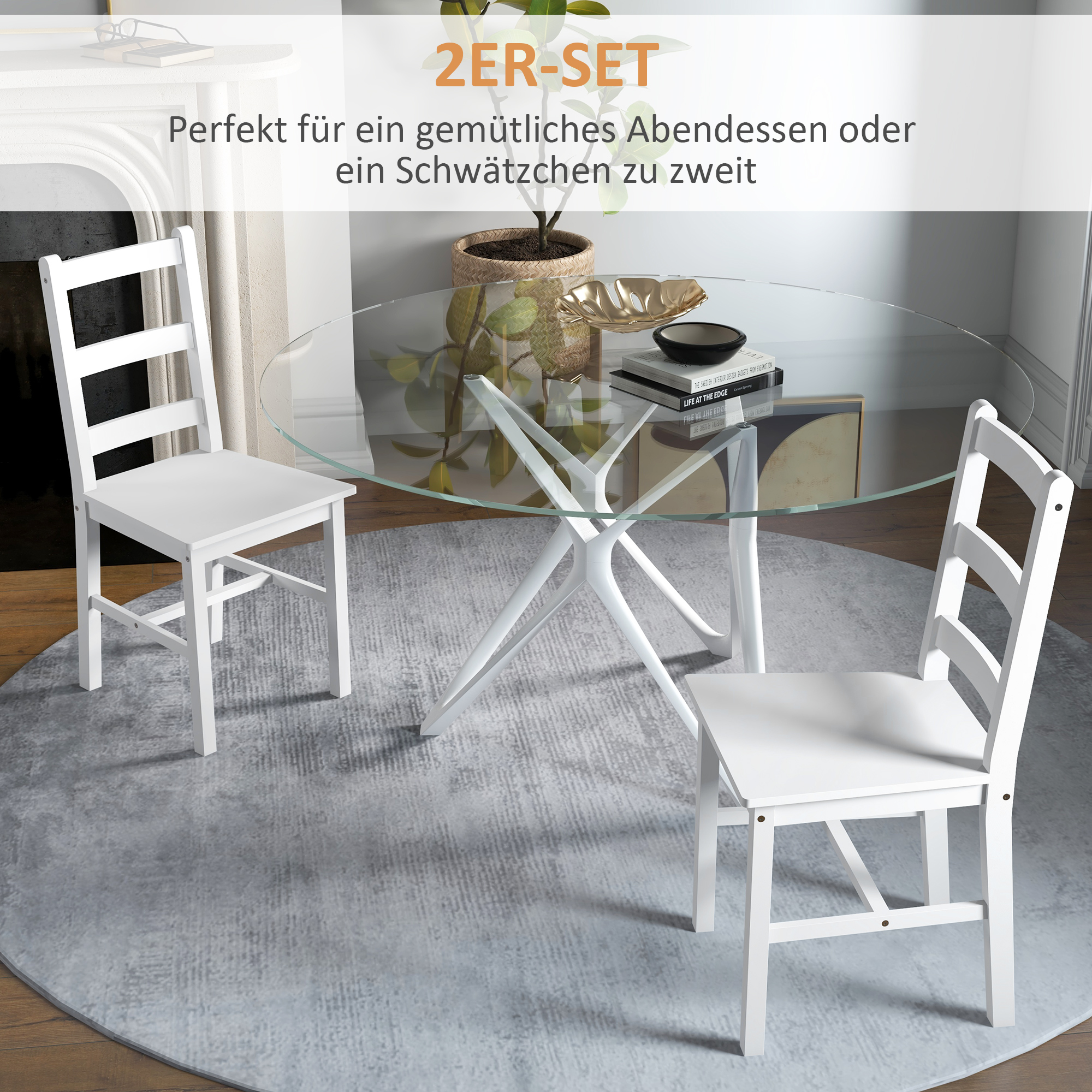 Esszimmerstühle 2er Set Holz Küchenstuhl mit Leistenrücklehne, Rutschfest 41,5 x 46 x 90 cm Weiß
