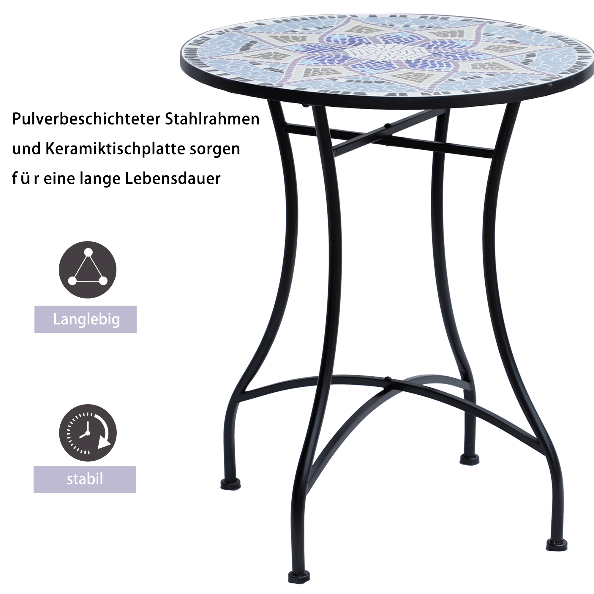 Gartentisch Ø60 x H71cm, Wetterfest Balkontisch aus Metall, Esstisch Outdoor, Campingtisch Beistelltisch, rund Terrassentisch für Garten Terrasse Balkon Blau+Weiß