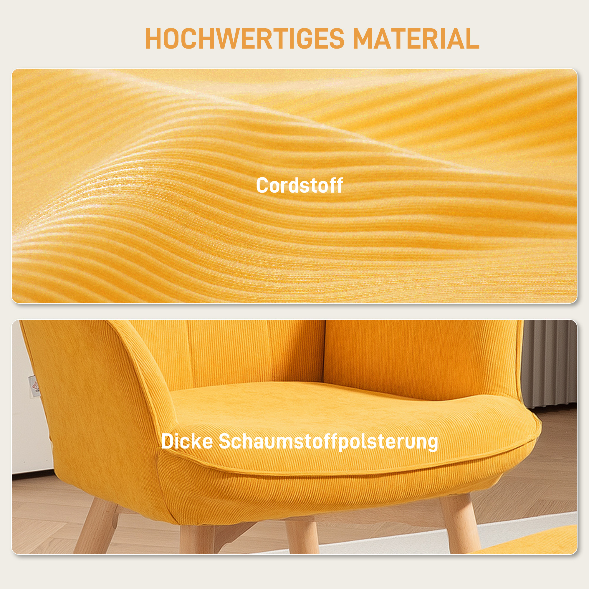 Akzentsessel mit Hocker, Relaxsessel in Cord-Optik, Armlehnstuhl mit Holzbeinen, für Wohnzimmer, Orange
