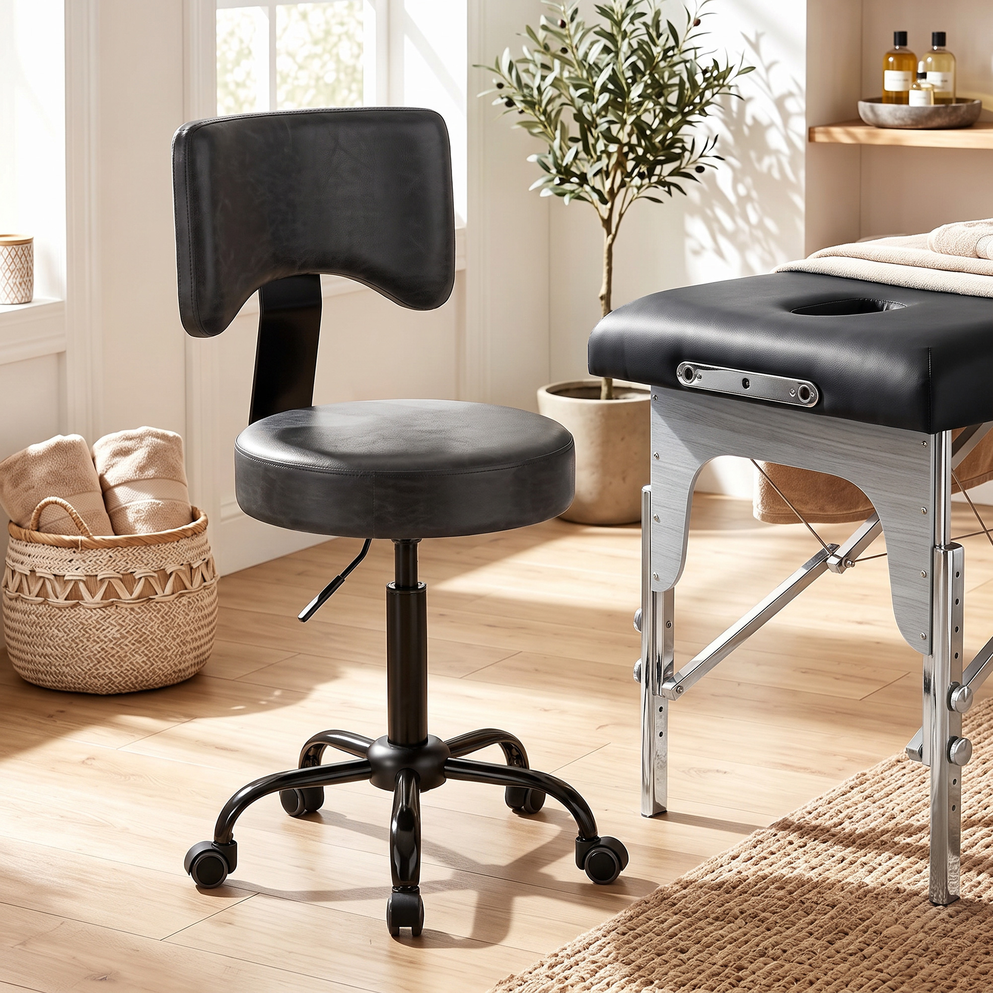 Rollenhocker, höhenverstellbar 72-87,5 cm, Massagethocker mit gepolsterter Sitzfläche und Rückenlehne, 360° drehbar, Schwarz
