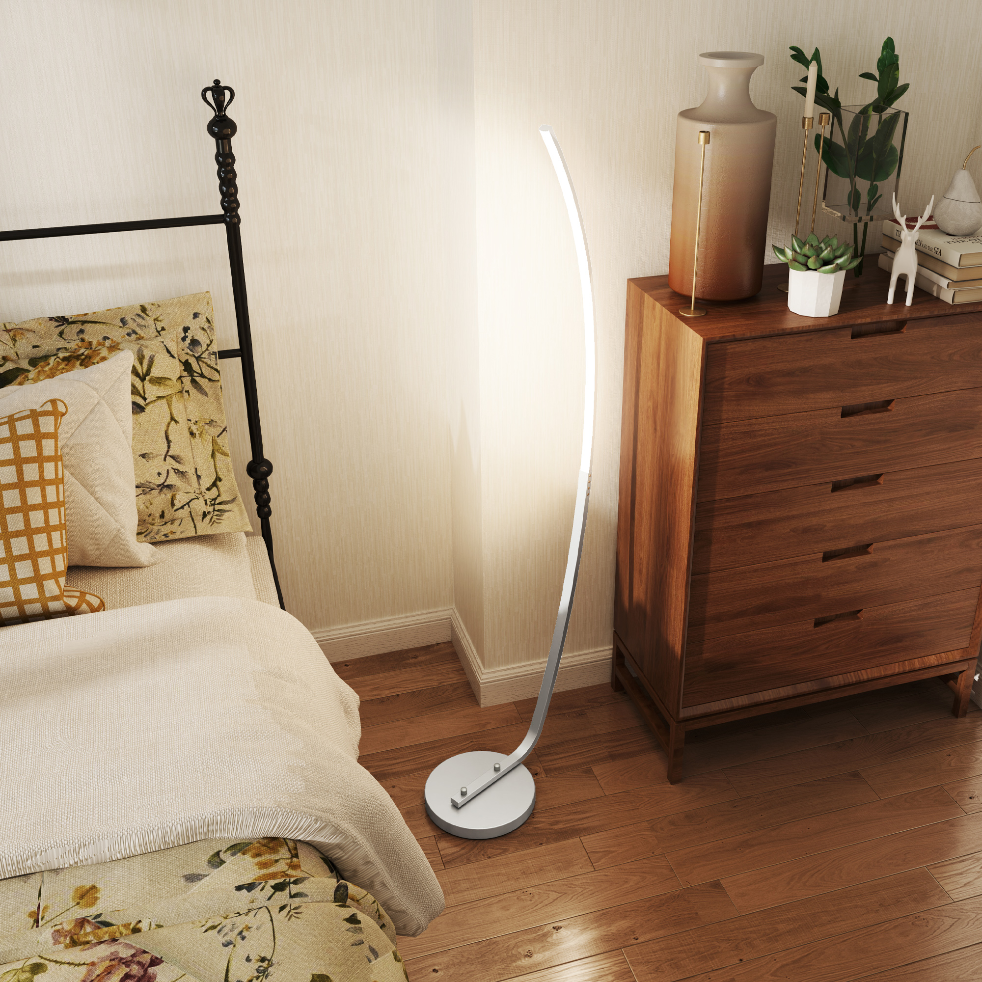 LED-Flurlampe mit anpassbarer Helligkeit, Moderne Stehlampe mit Fußschalter für Schlafzimmer, Wohnzimmer, Silber