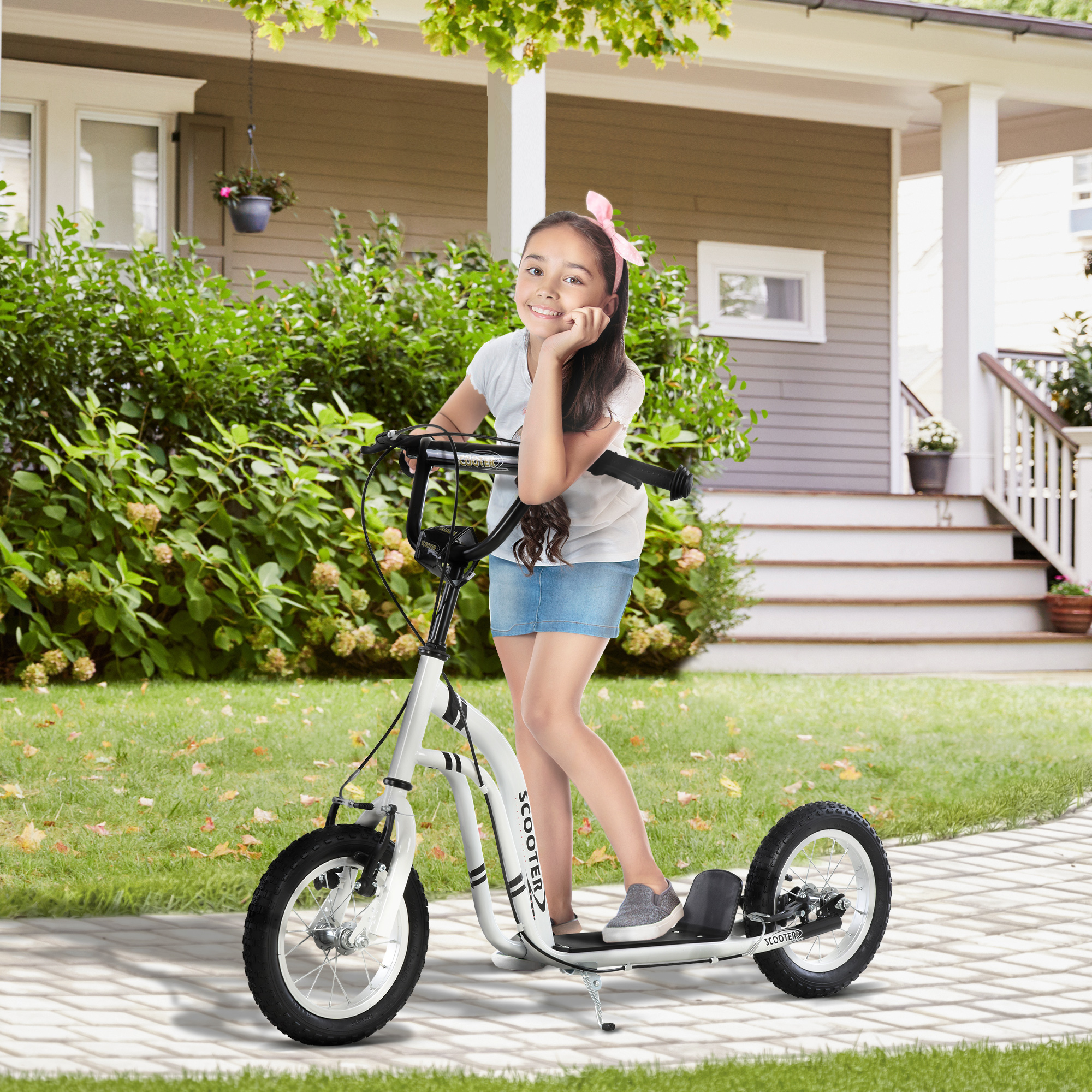 Kinderroller ab 5 Jahre Scooter Kinderscooter Tretroller Cityroller Kinder Roller Kickboard mit Luftreifen 12 Zoll Gummi Aluminium Weiß 120 x 58 x 85-95 cm