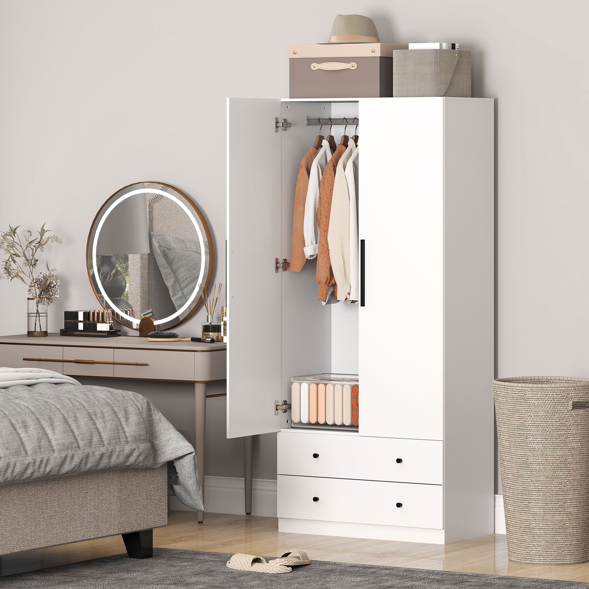 Kleiderschrank, 2 Türen, Hängebereich, Kleiderstange, 2 Schubladen, Spanplatte, Weiß