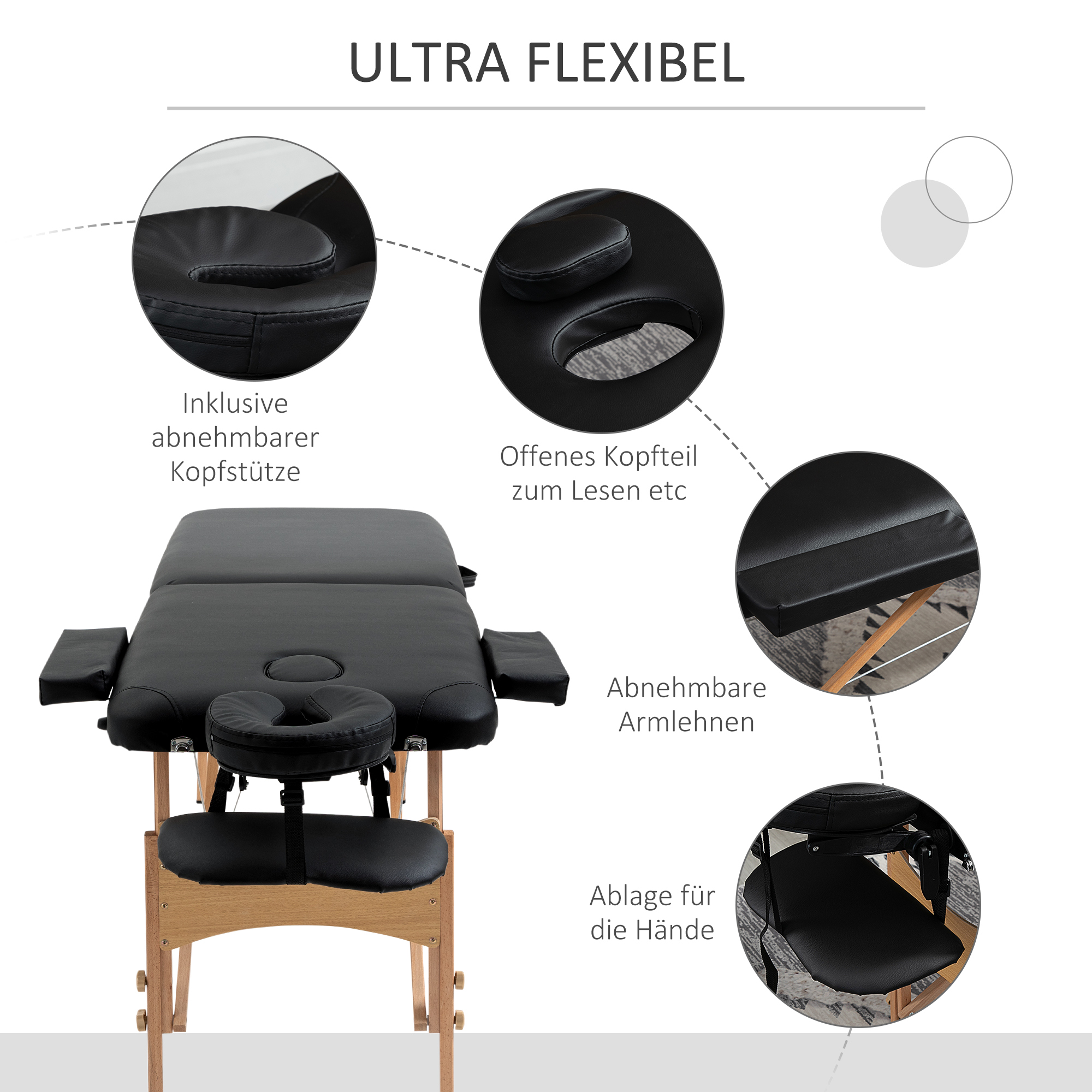 Massagetisch, klappbare Massageliege, höhenverstellbare Massagebank für Spa, Salon, Kunstleder, Holz, Schwarz