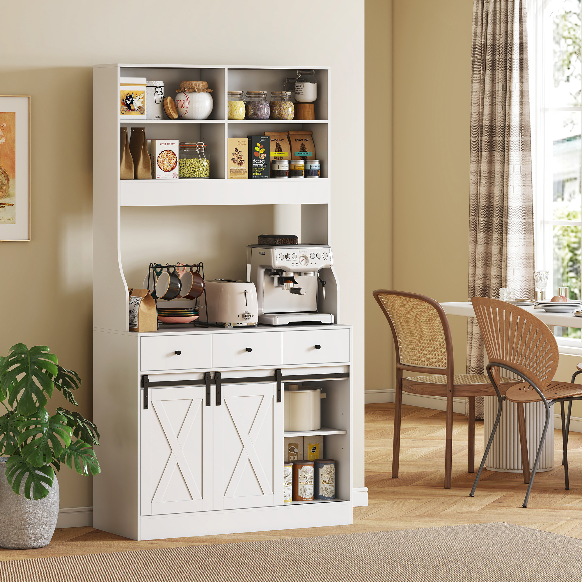 Küchenschrank mit Regalen, Schränken, Schubladen und Ablagefläche, Bauernhaus-Flair, verstellbare Regale, Holz, Weiß
