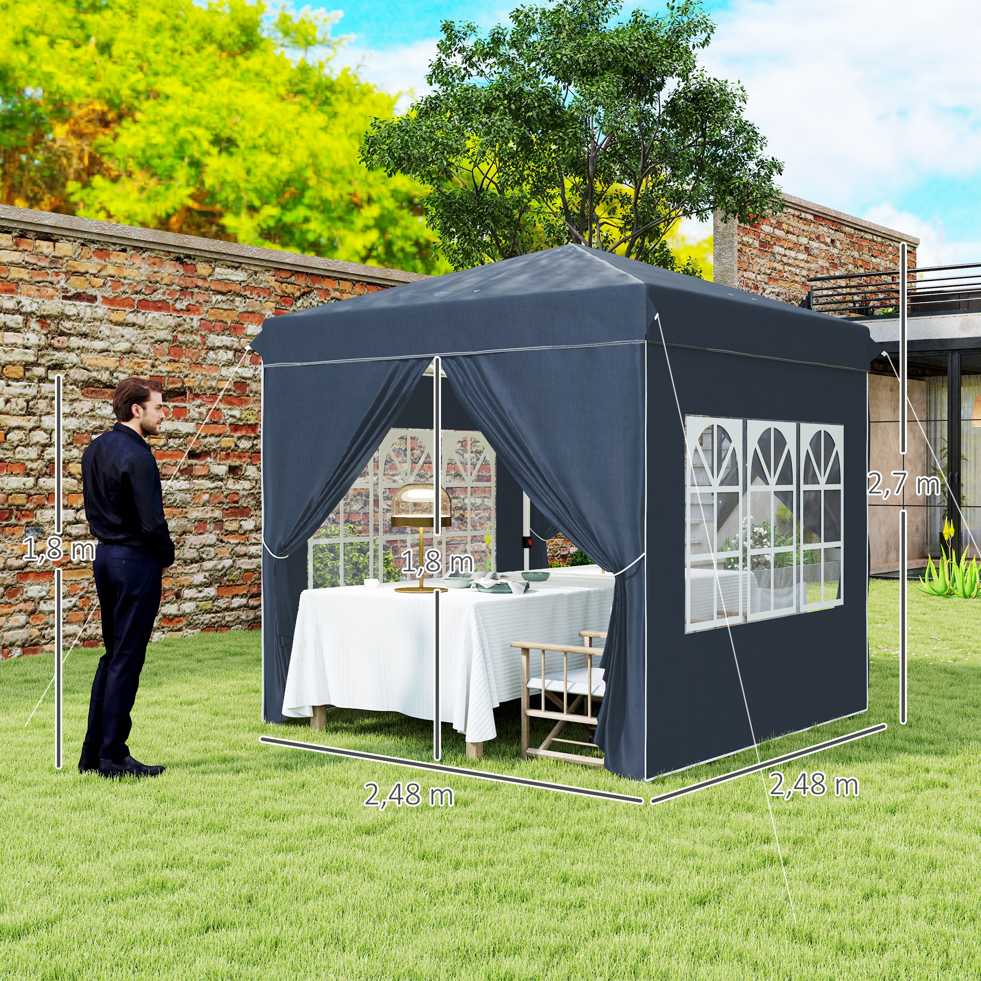 2,5 x 2,5 m Pop-up-Pavillon mit Seitenwänden und Tragetasche, UPF50+ höhenverstellbares Gartenzelt, Dunkelblau