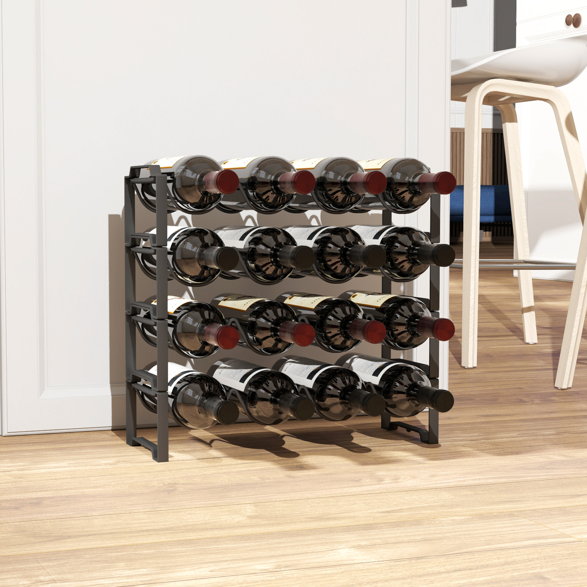 4-stufiges Weinregal, freistehendes Regal für 16 Weinflaschen, Metall, Schwarz