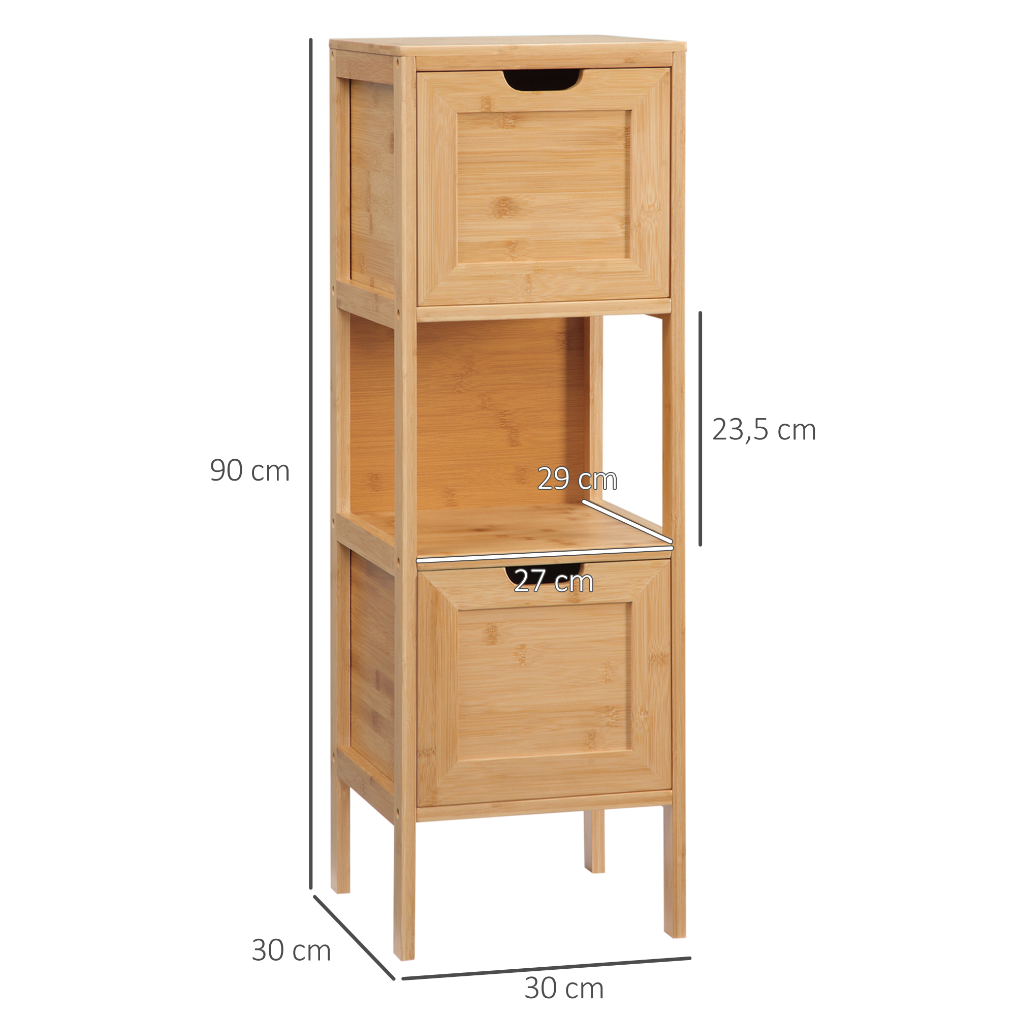 Badezimmerschrank aus Bambus, 1 Regal, 2 Schubladen, 30 cm x 30 cm x 90 cm; Natur