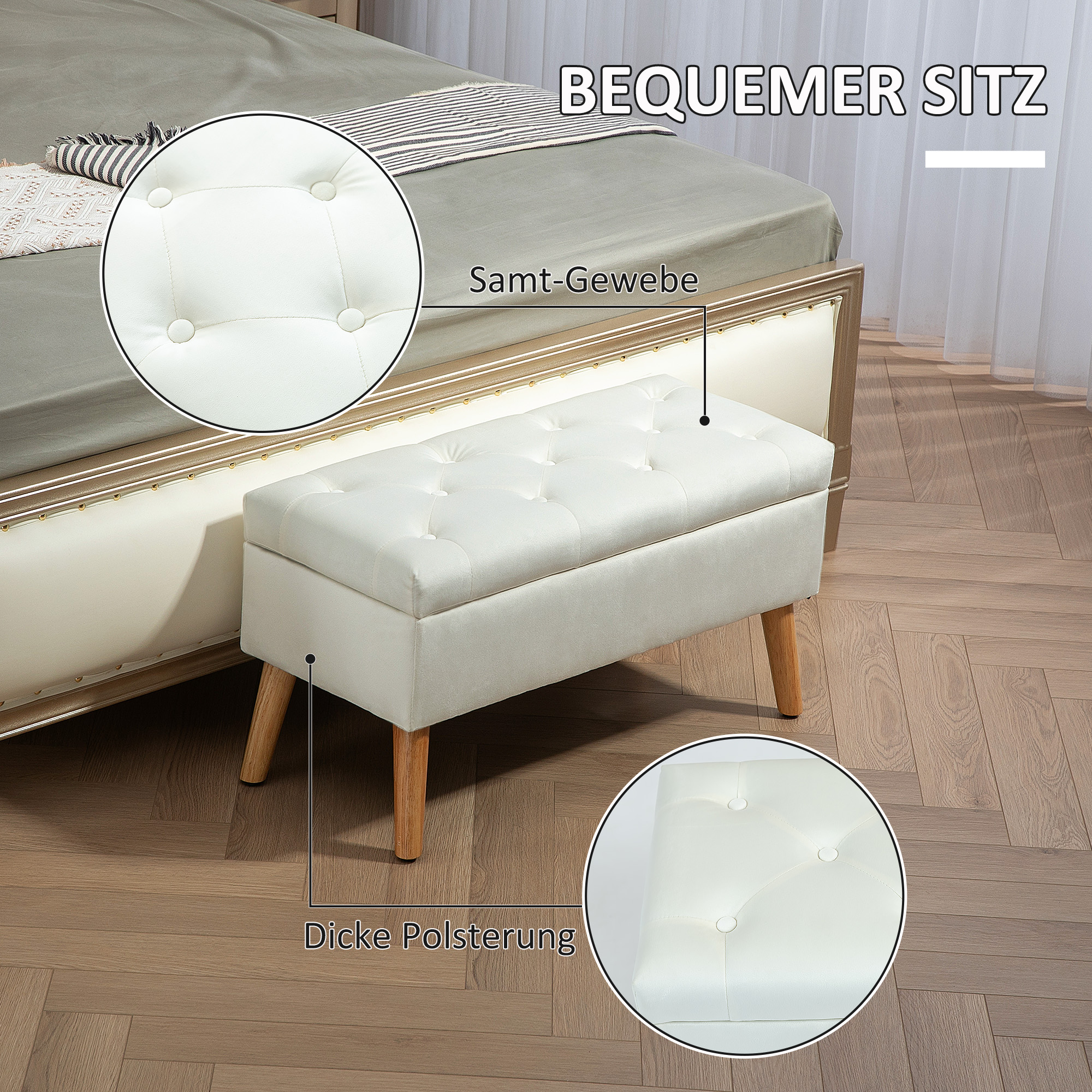 Polsterbank mit Stauraum, Stoffbezug in Samtoptik, Holzbeine, für Wohnzimmer, Schlafzimmer, Flur, 80 x 35 x 40 cm, Weiß
