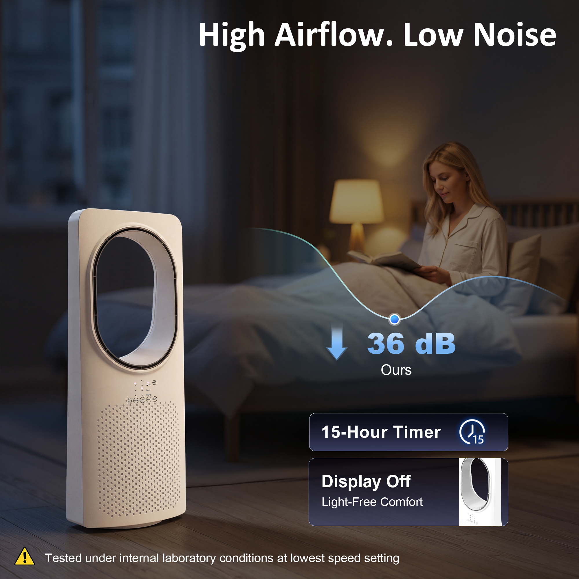 Bladeless Turmventilator für Schlafzimmer, 36 dB Standventilator mit 45° Oszillation, 3 Geschwindigkeiten, 3 Modi, 15-Stunden-Timer, Weiß