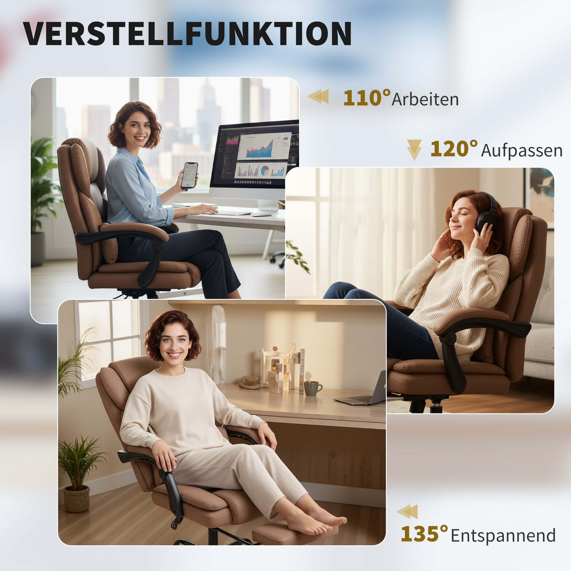 Bürostuhl mit Katzenpfotenleder-Bezug, Fußstütze, höhenverstellbar, rollbar, Braun