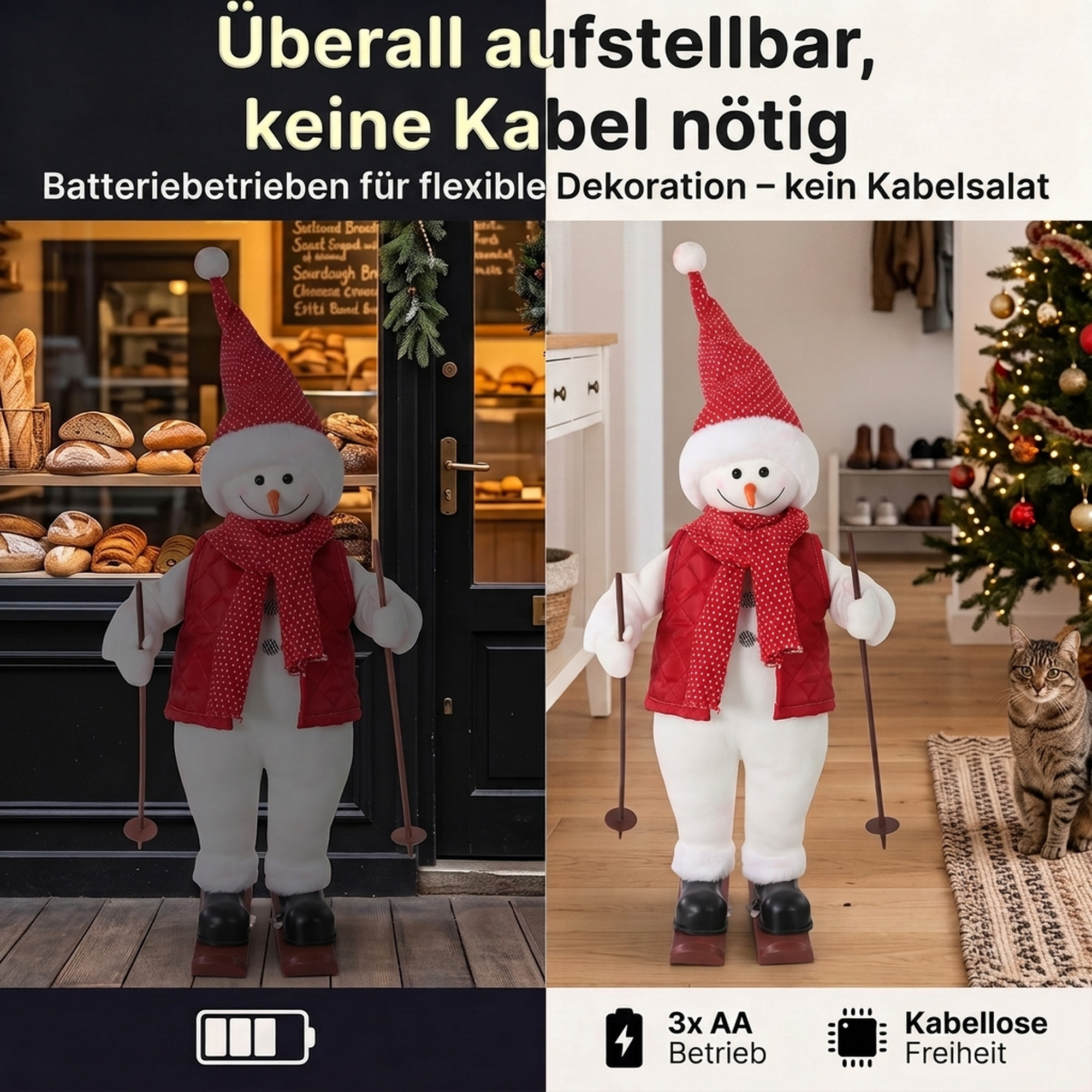 Singender Skifahrer-Weihnachtsmann, 65 cm, animierte Weihnachtsfigur mit Skiern, Stöcken und Sound-/Berührungsaktivierung