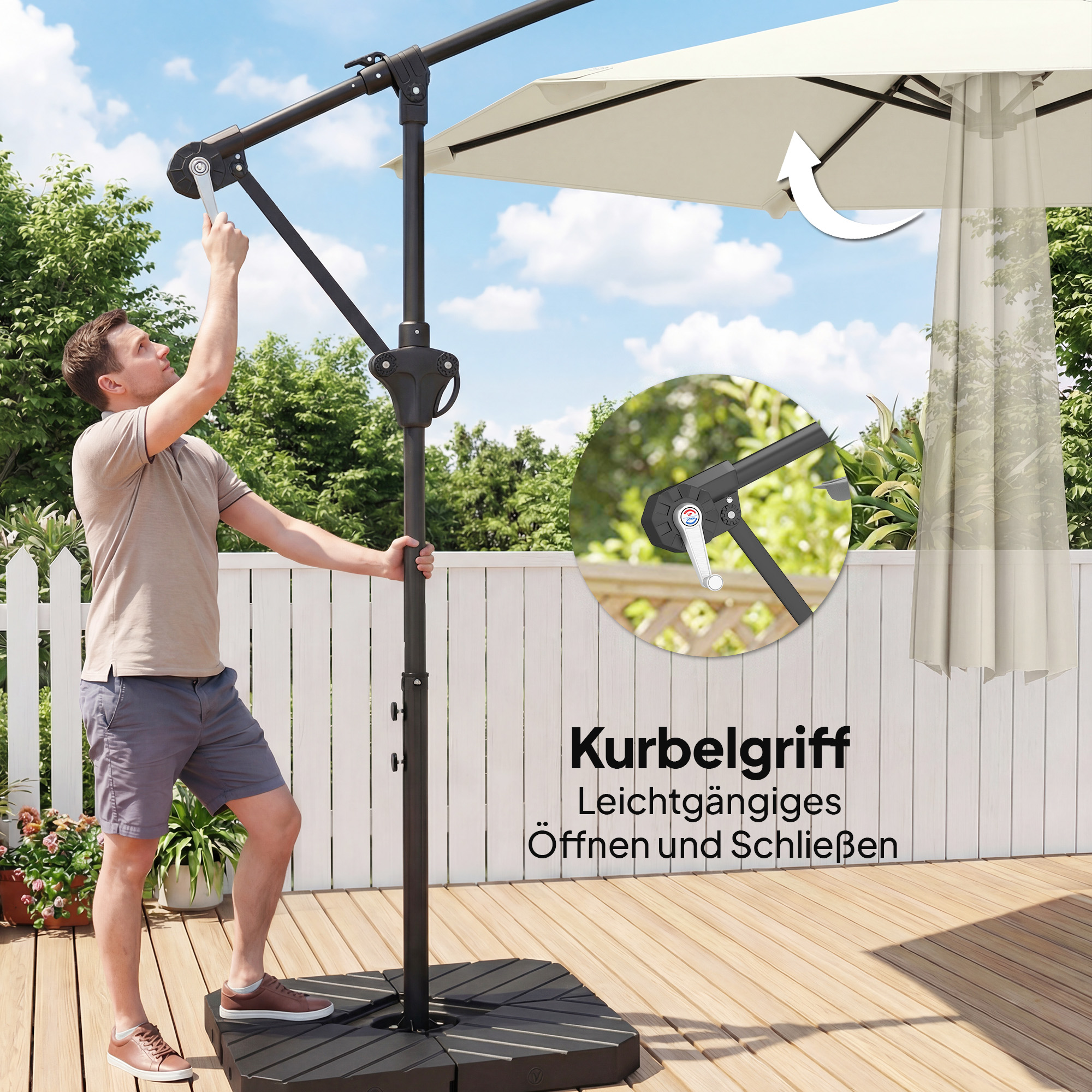 Ampelschirm ca. Ø300 cm Sonnenschirm mit Verriegelungsmechanismus Kurbel Ständer Gewichten Cremeweiß
