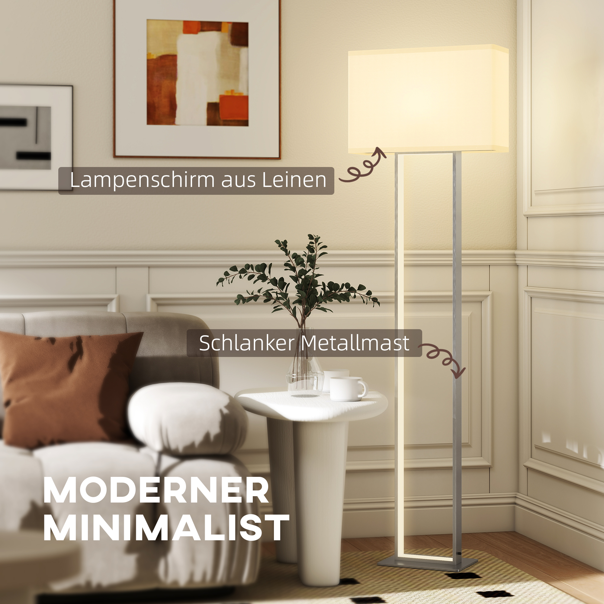 Moderne Stehlampe, 3 Modi, Fußschalter, verstellbare Helligkeit, Leinenoptik, Weiß