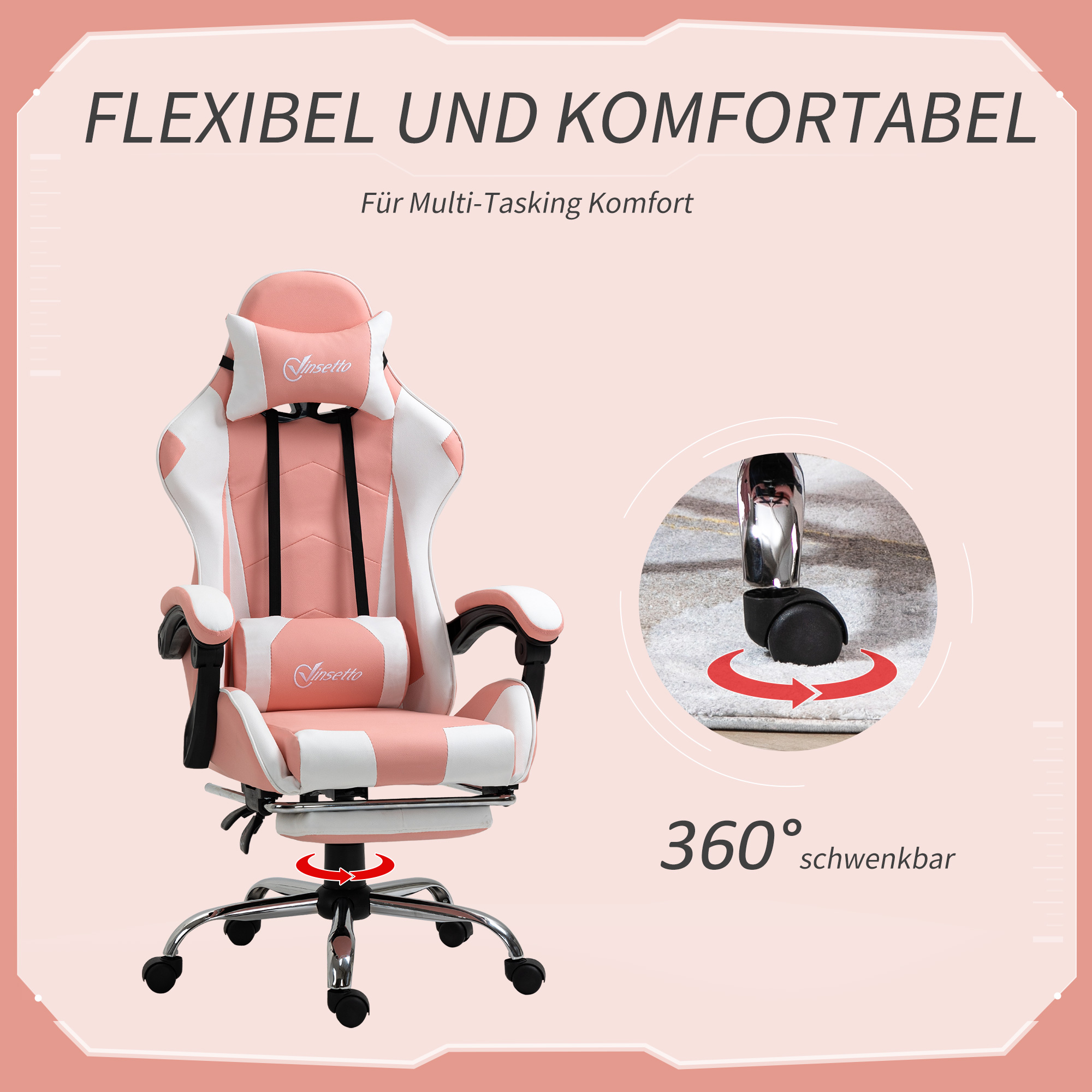 Gamingstuhl Computerstuhl Ergonomischer Bürostuhl Gamer Stuhl mit Kopfstütze Lendenkissen Bürostuhl höhenverstellbar 360°drehbar Schaumstoff Kunstleder PVC Rosa+Weiß 64 x 67 x 119-127 cm