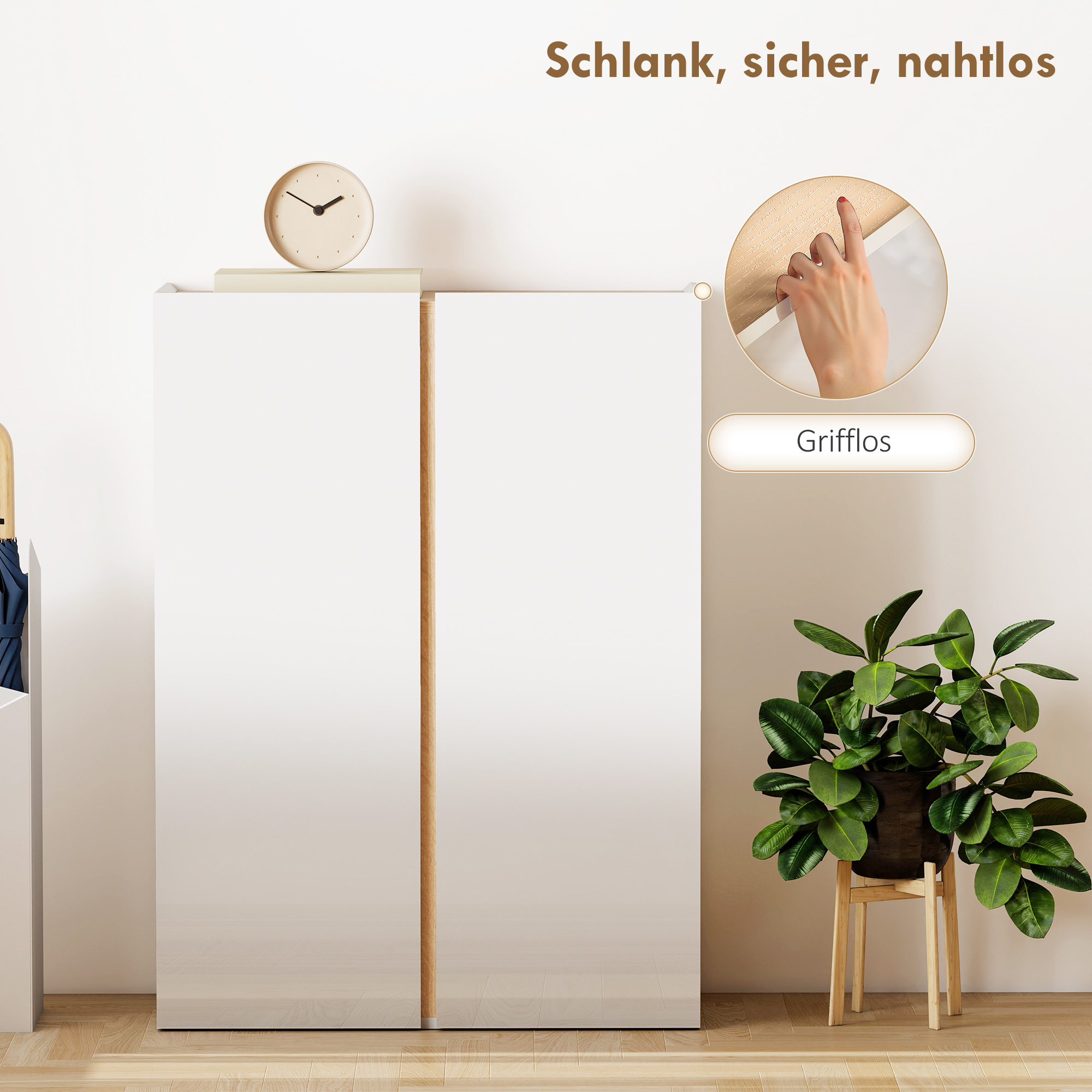 Schuhschrank mit Soft-Close-Funktion, 6-stufiges Design ohne Griffe, fasst bis zu 18 Paare, für Flur, Eingangsbereich, Holz, Weiß