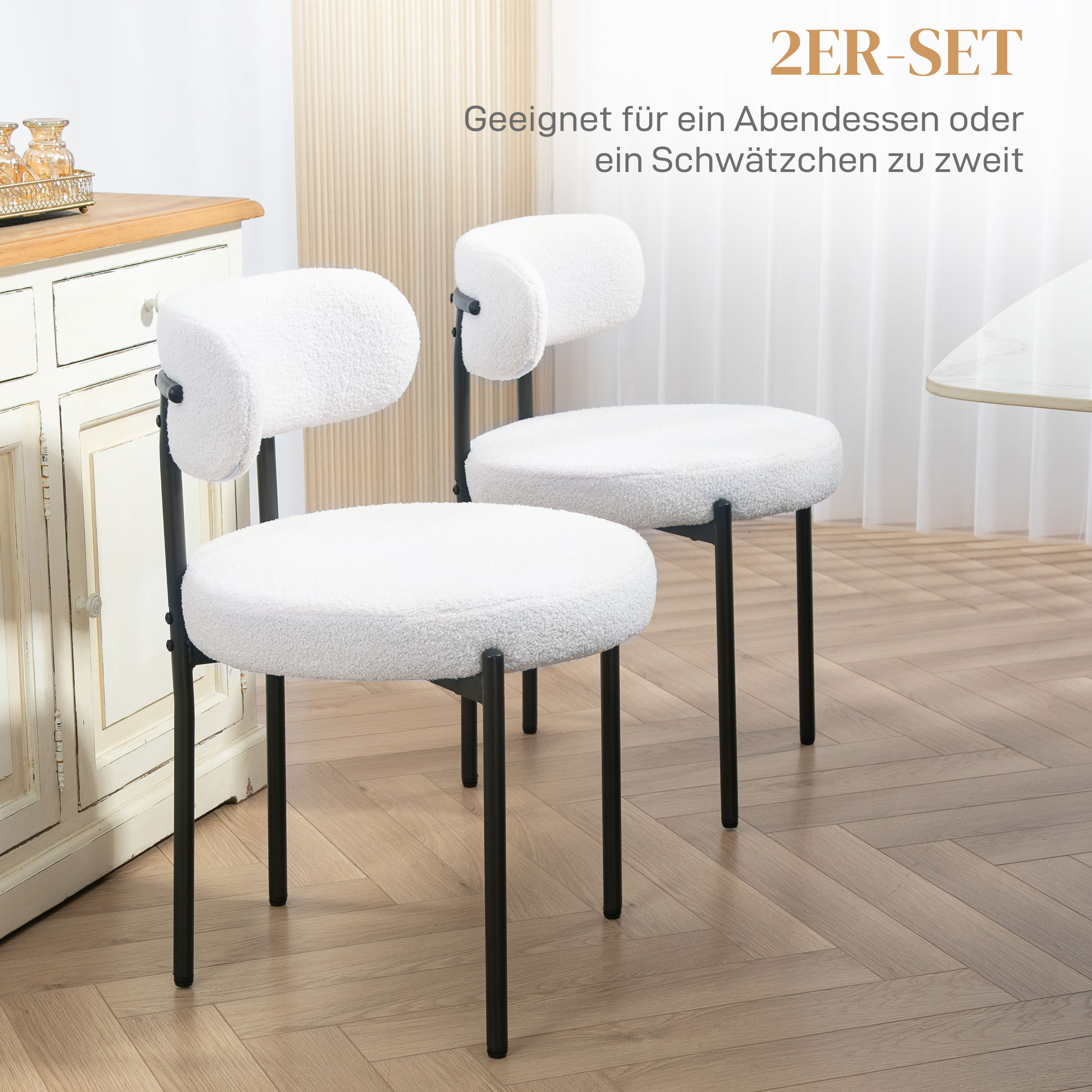 2er-Set Esszimmerstühle, Fleece-Polsterung, Stühle mit Polstersitz, Metallbeine, Cremeweiß